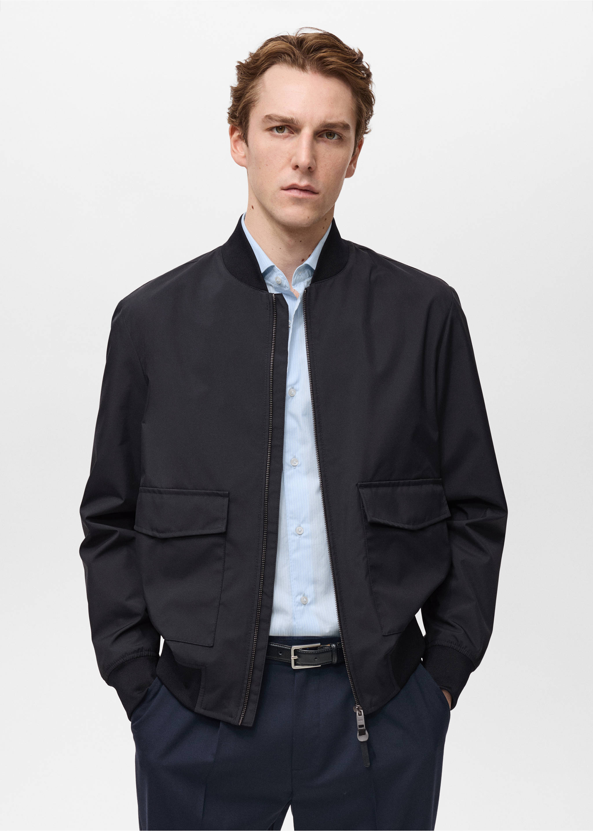 Water-repellent bomber jacket with pockets - Medium plane, Night Blue. Ref: 87024392-00.