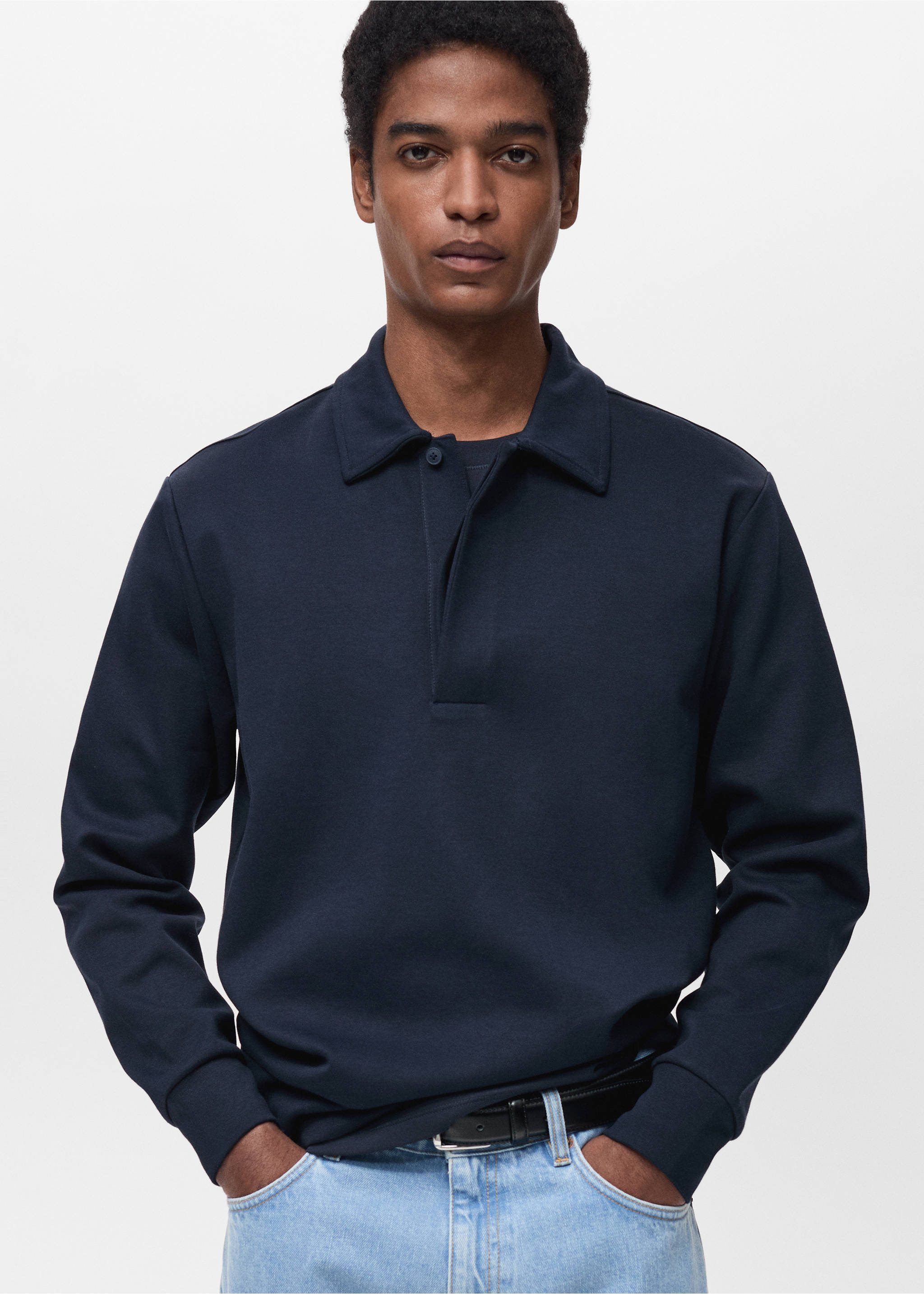 Regular-fit cotton polo sweatshirt - Medium plane, Night Blue. Ref: 87024413-00.