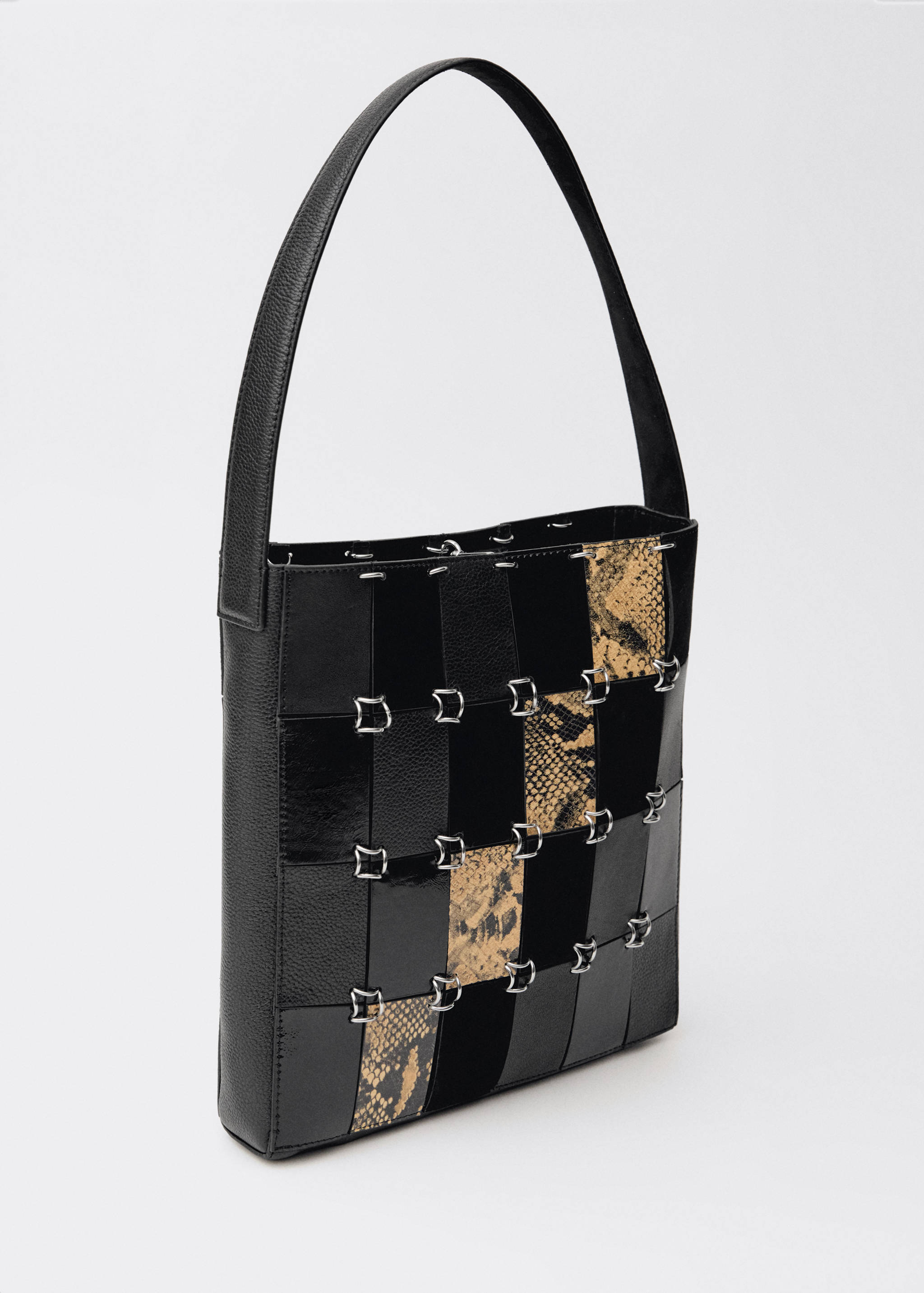 Mango Kombine patchwork deri çanta görsel 8