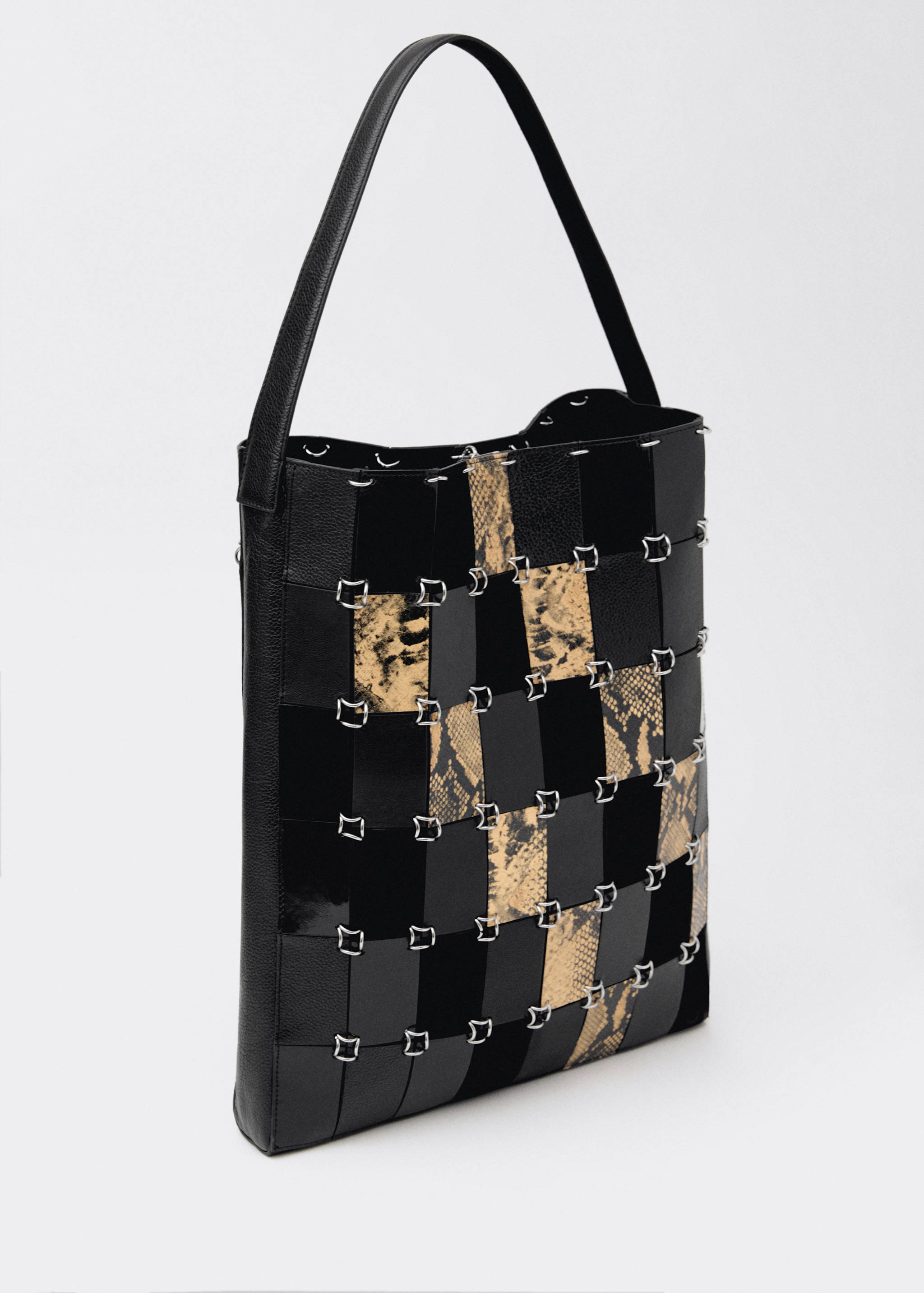 Mango Patchwork deri shopper çanta görsel 8