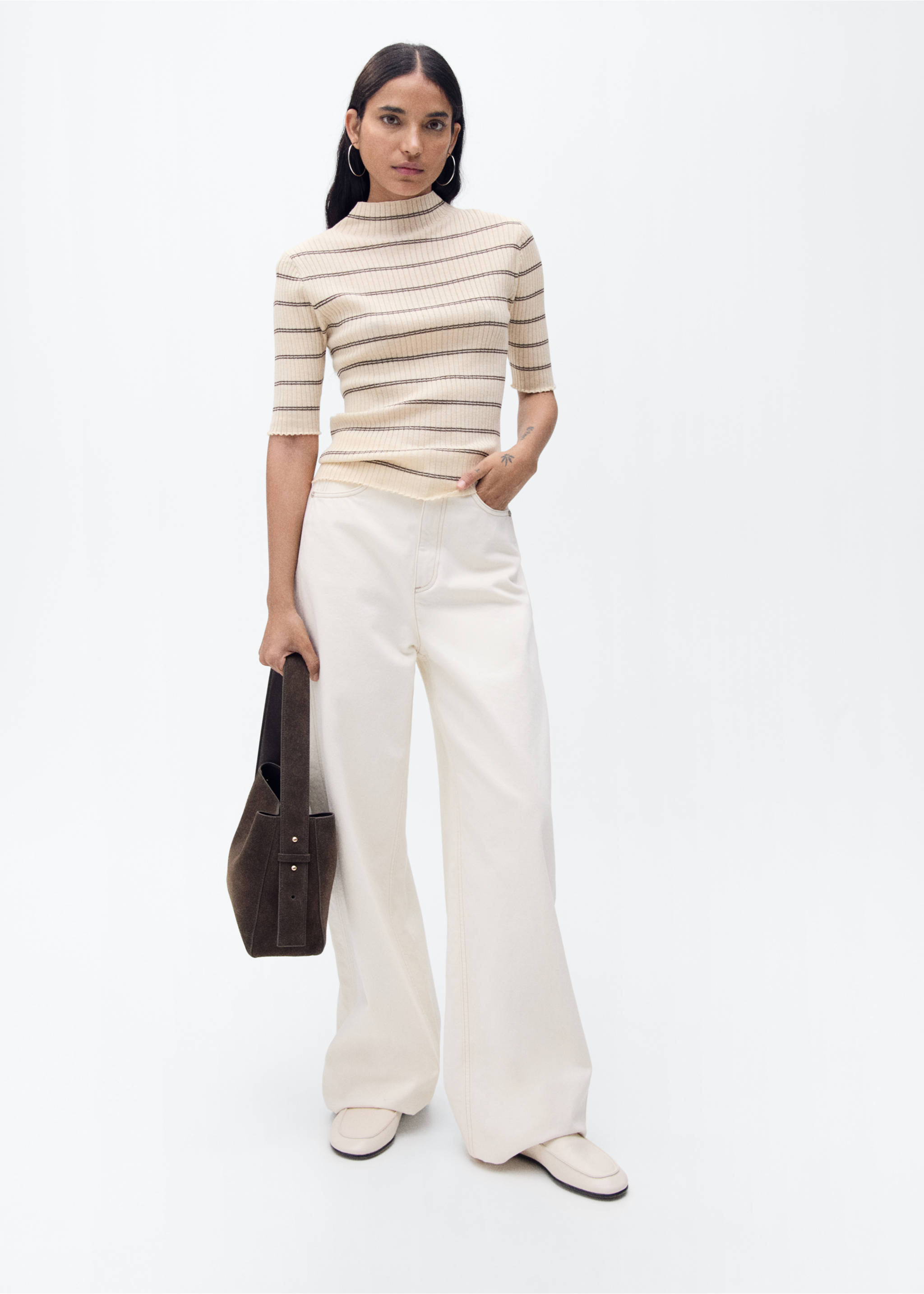 Pull-over maille côtelée col montant - Plan général, Marron moyen. Ref: 87025751-00.