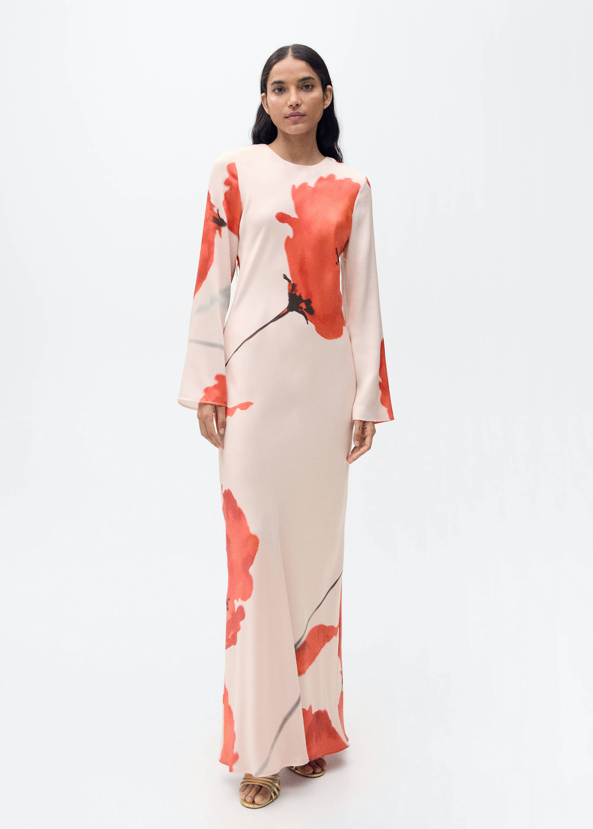 Satijnen jurk met bloemenprint - Overzichtstekening