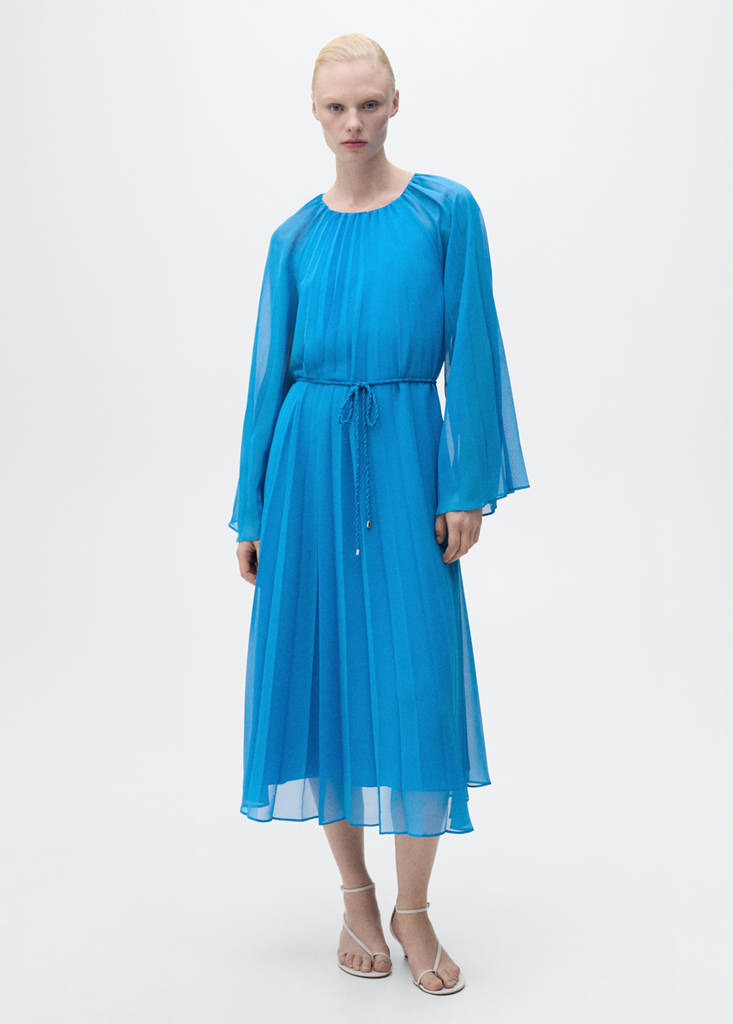 Flared-sleeve pleated dress — Blue