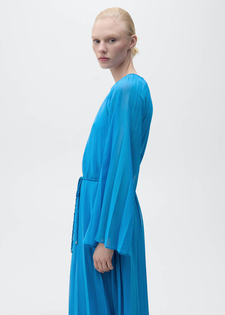 Flared-sleeve pleated dress — Blue