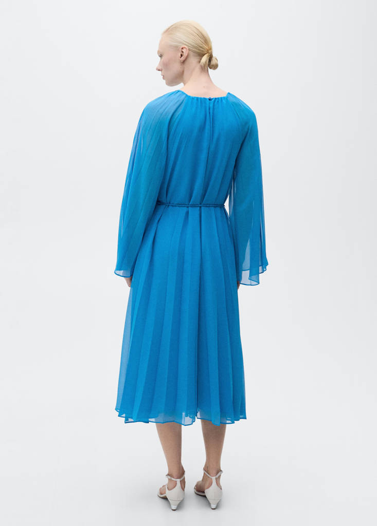 Flared-sleeve pleated dress — Blue
