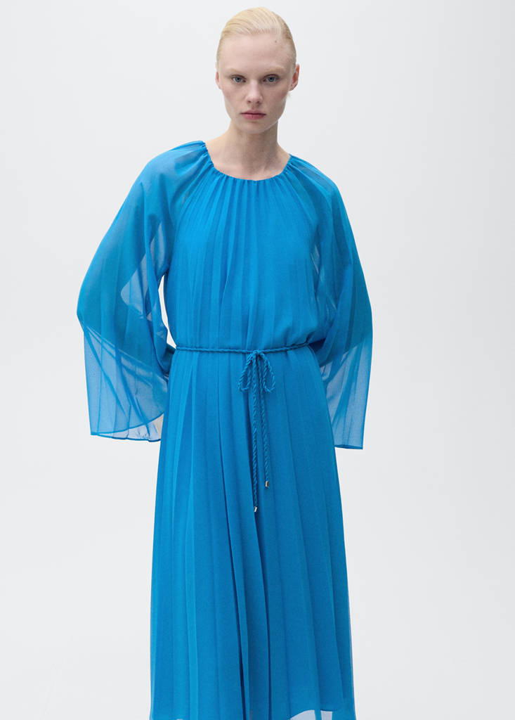 Flared-sleeve pleated dress — Blue