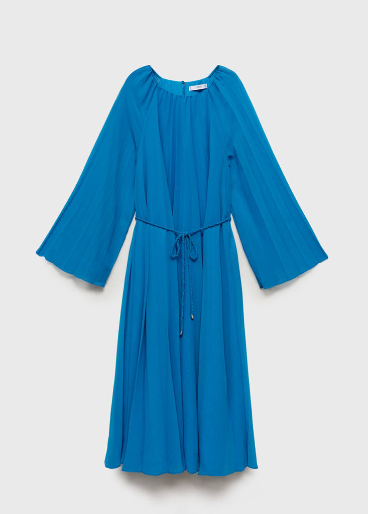 Flared-sleeve pleated dress — Blue