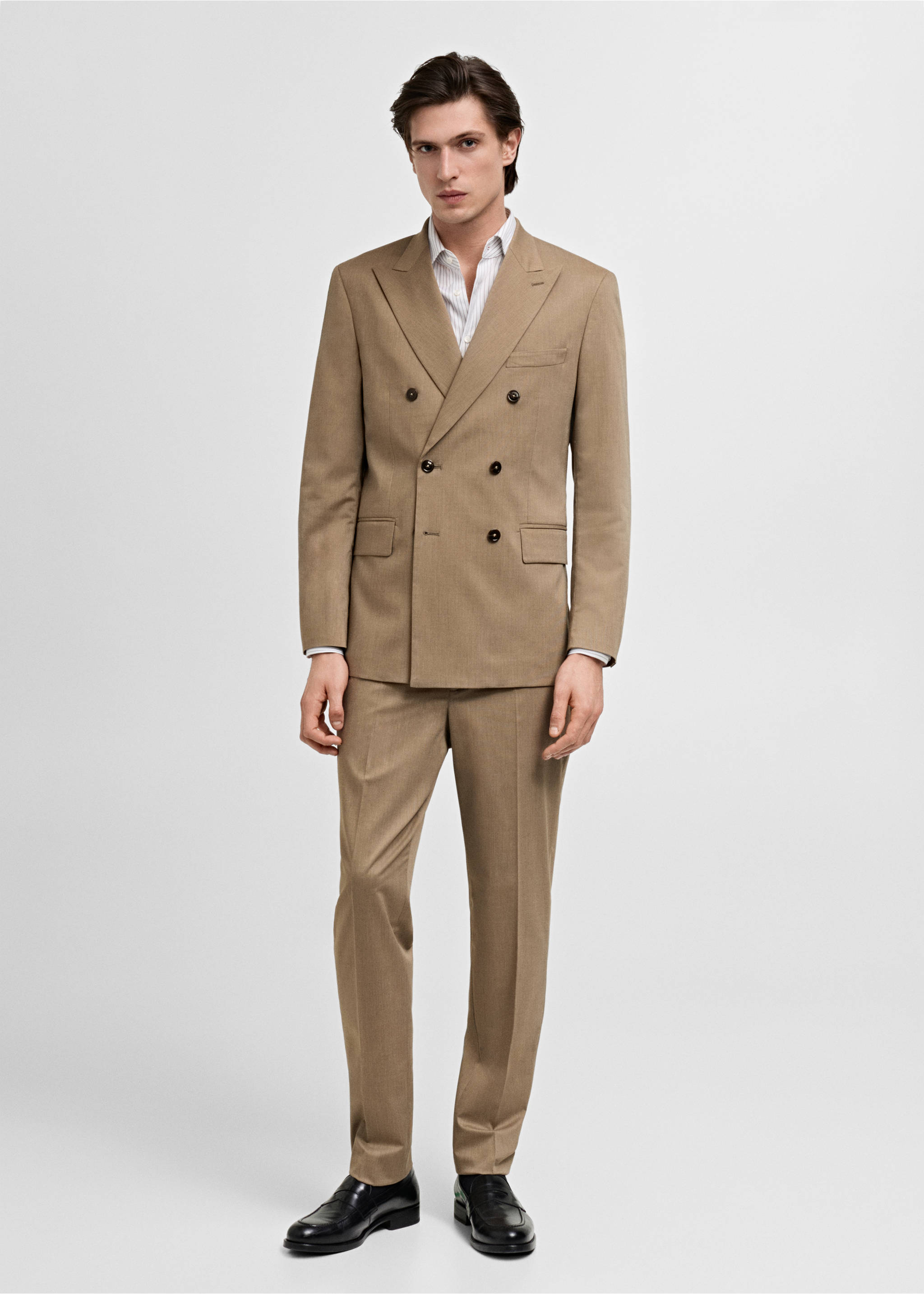 Camel double-breasted blazer with peak lapels, worn with matching trousers., Medium Brown. Ref: 87025929-00.