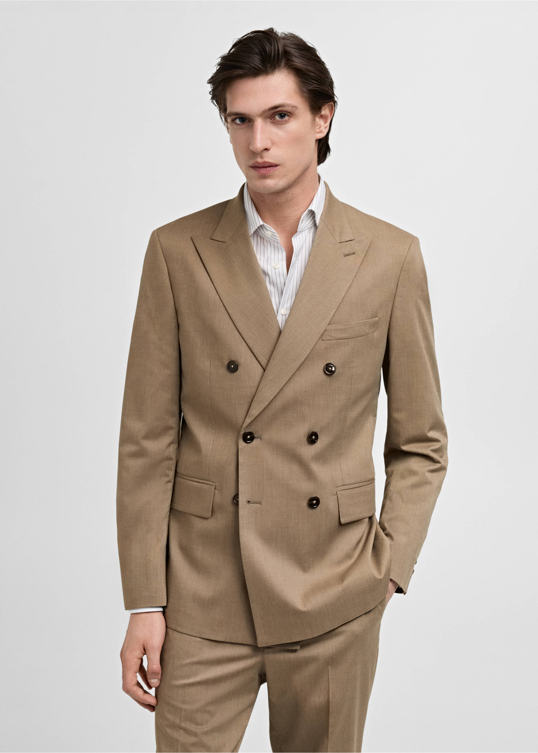 Beige double-breasted suit jacket with peak lapels and dark buttons., Medium Brown. Ref: 87025929-00.