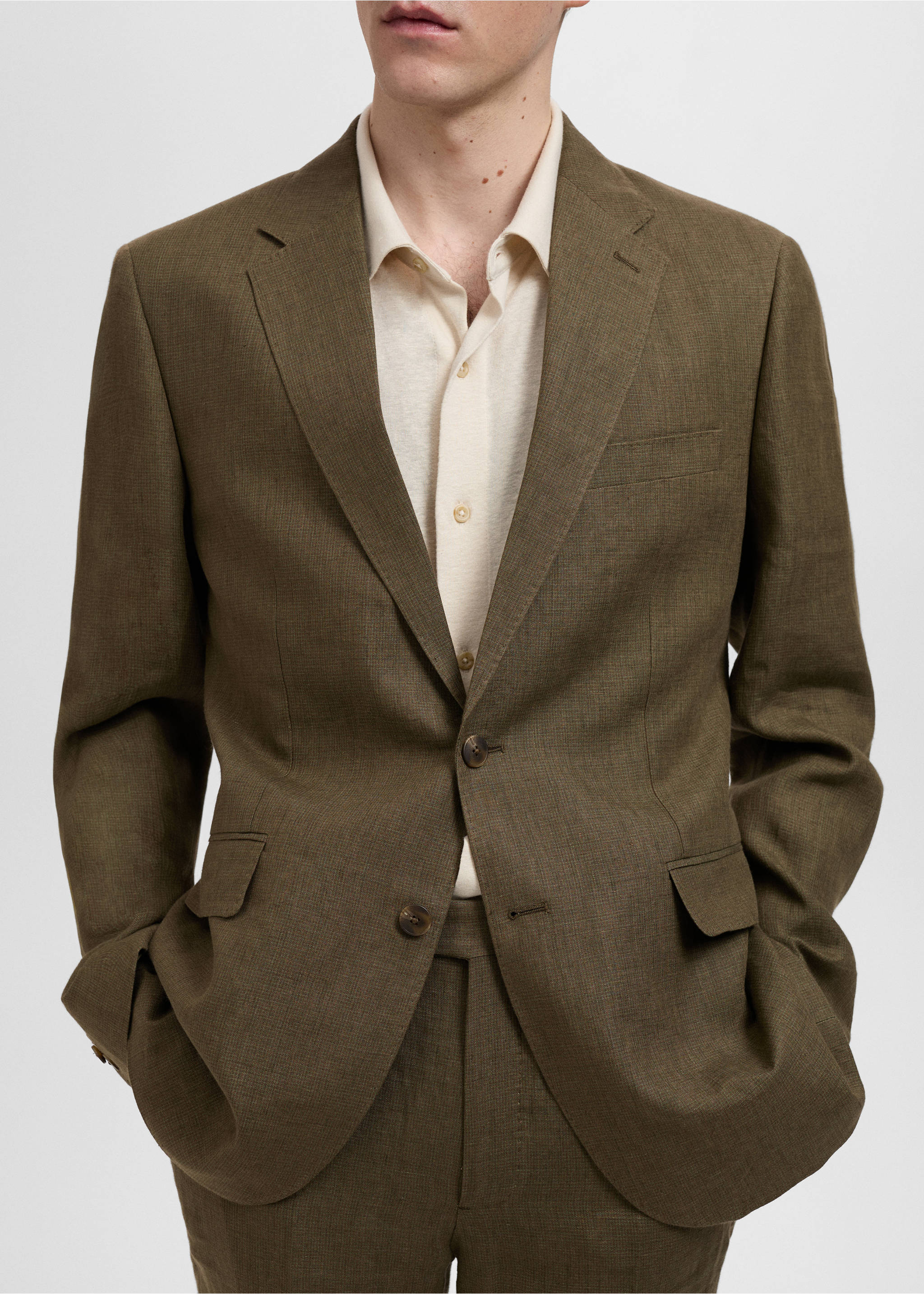 Amalfi 100% linen slim-fit suit blazer - Details of the article 3, Khaki. Ref: 87025930-00.