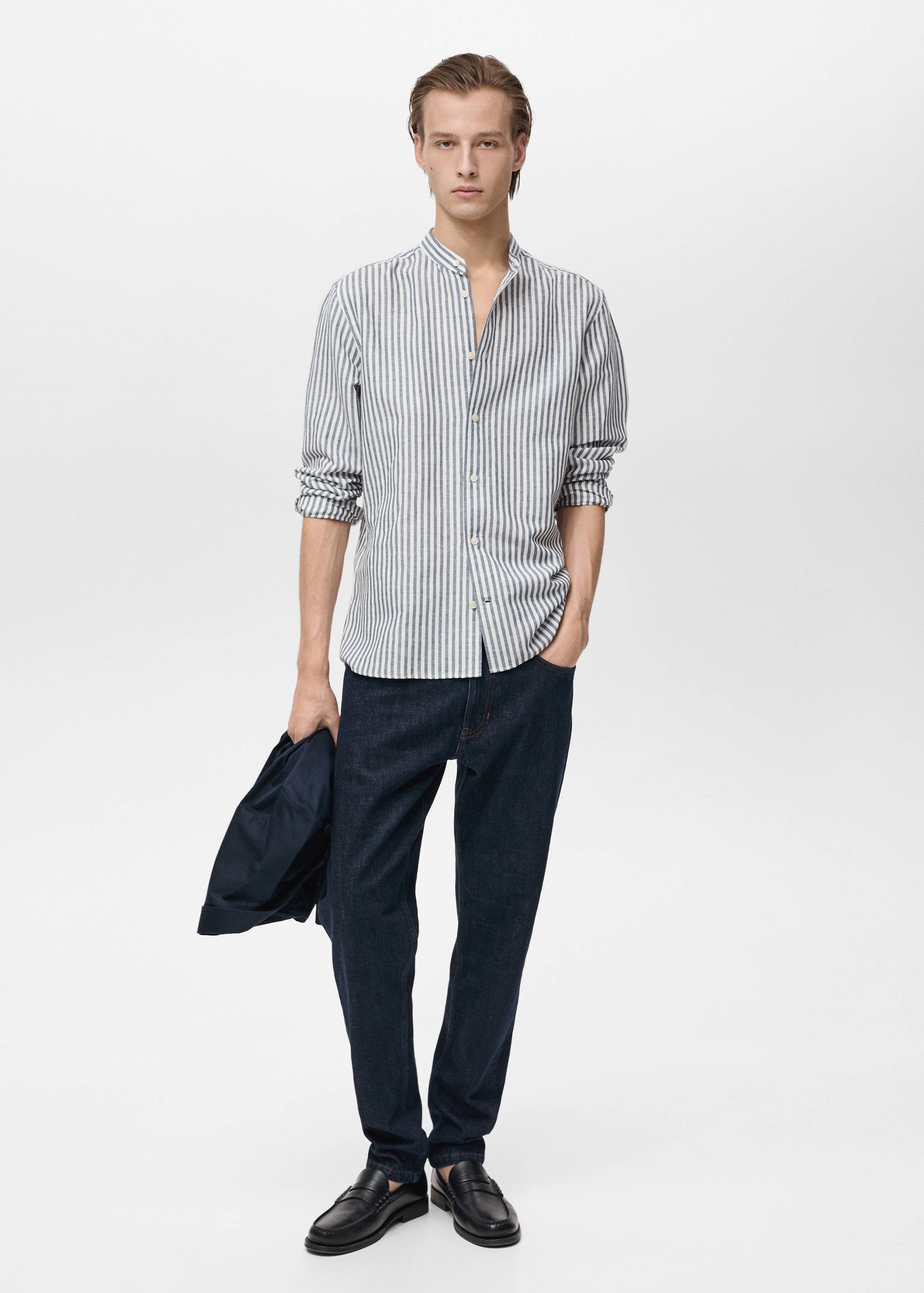 Striped mandarin-collar linen shirt - General plane