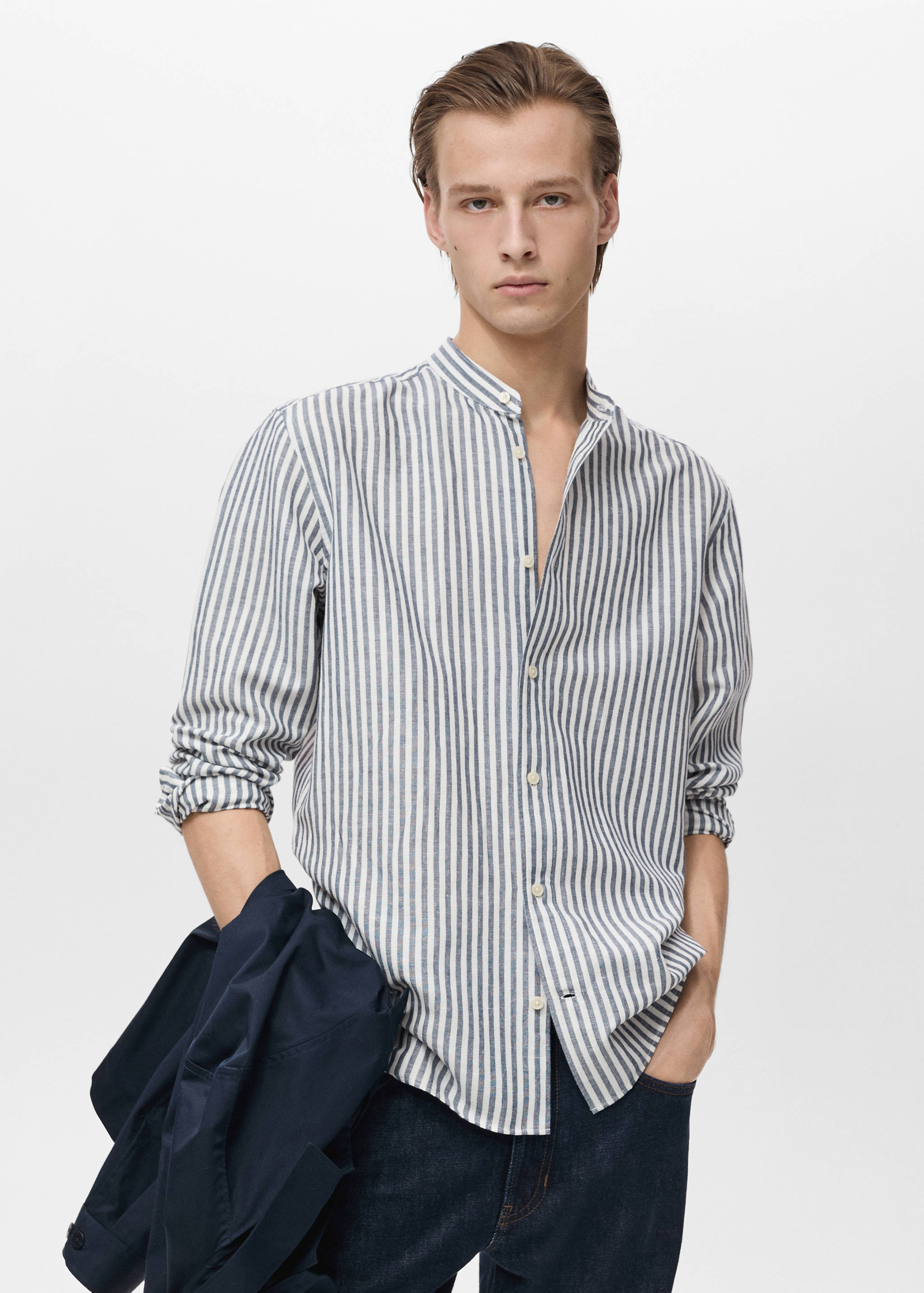 Striped mandarin-collar linen shirt - Medium plane