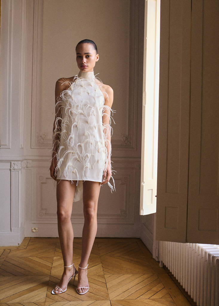 MANGO - Robe emmanchures américaines ornement plumes écru - XL