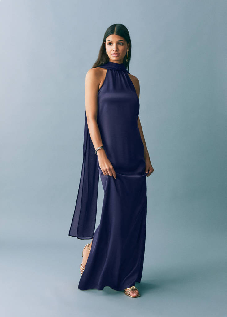Satin halter neck dress — Night Blue