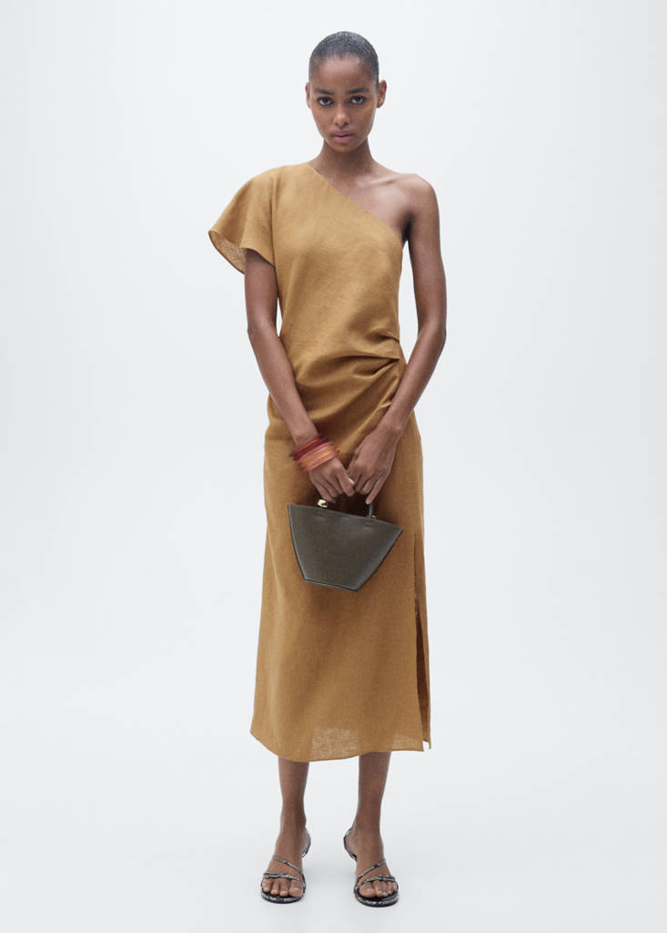 MANGO - Robe lin asymétrique marron moyen - XXS