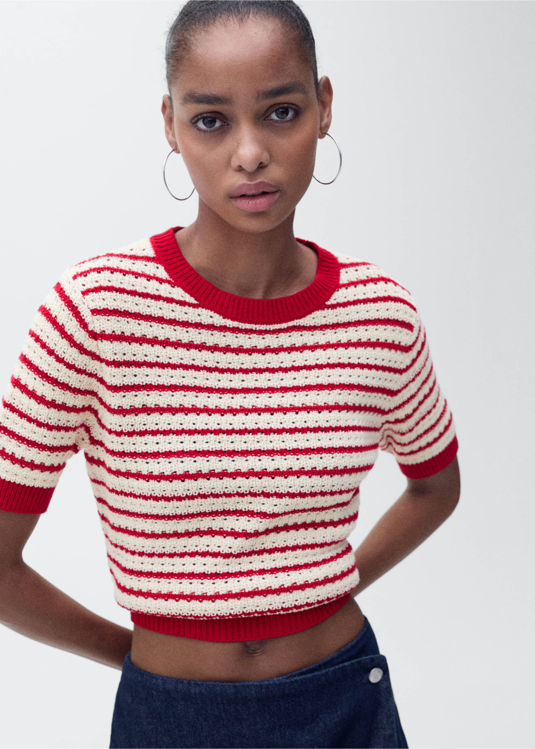 Striped short-sleeved crochet sweater - Medium plane, Red. Ref: 87027173-00.