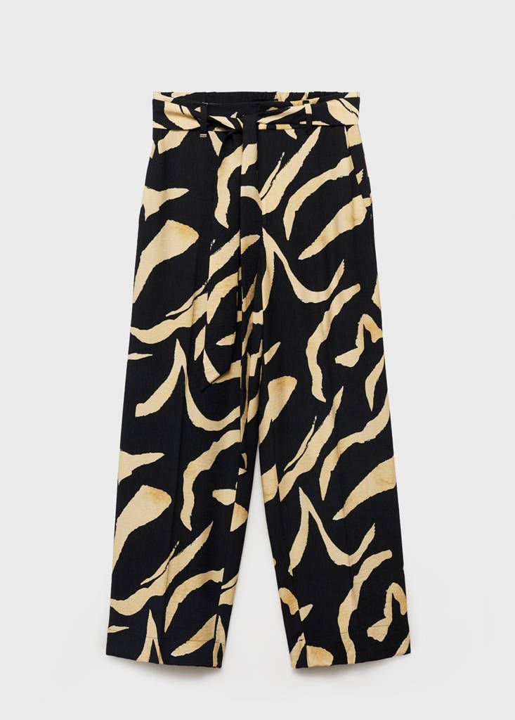 Printed straight-fit trousers with belt — Black