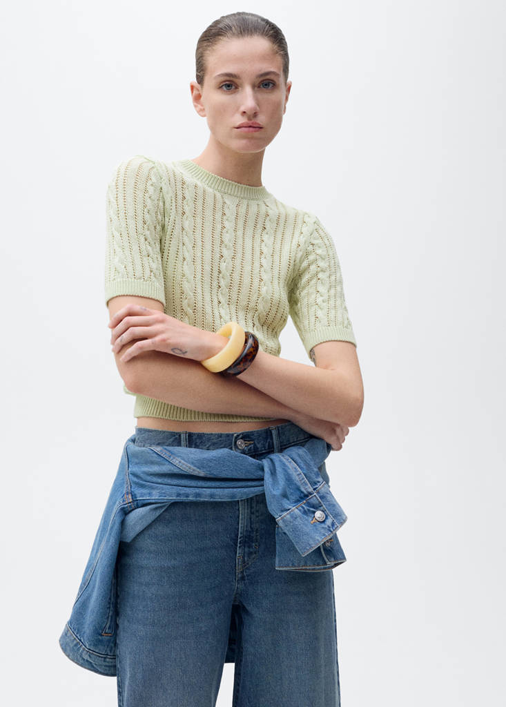 Short-sleeved cable-knit sweater — Pastel Green