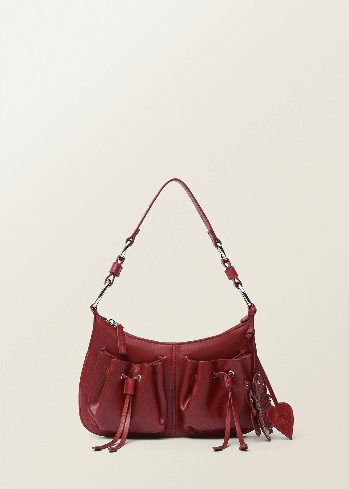Leather shoulder bag with gathered pockets — Red