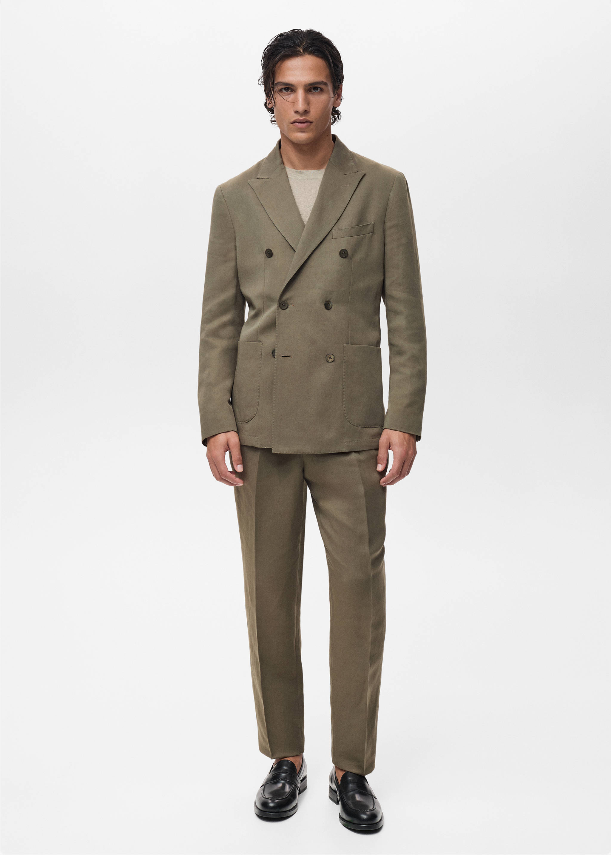 Slim-fit linen-blend double-breasted jacket - General plane