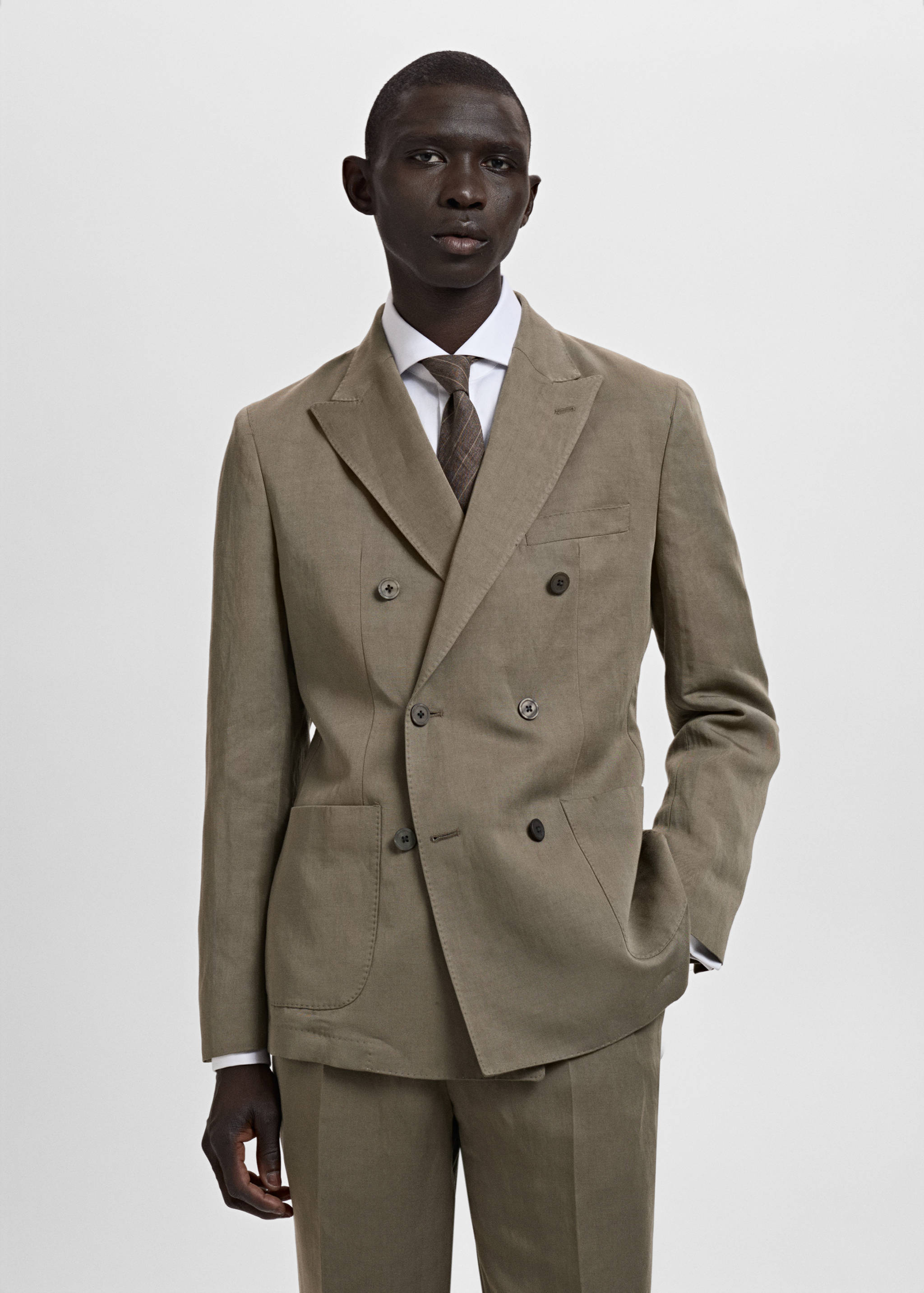 Slim-fit linen-blend double-breasted jacket - Medium plane