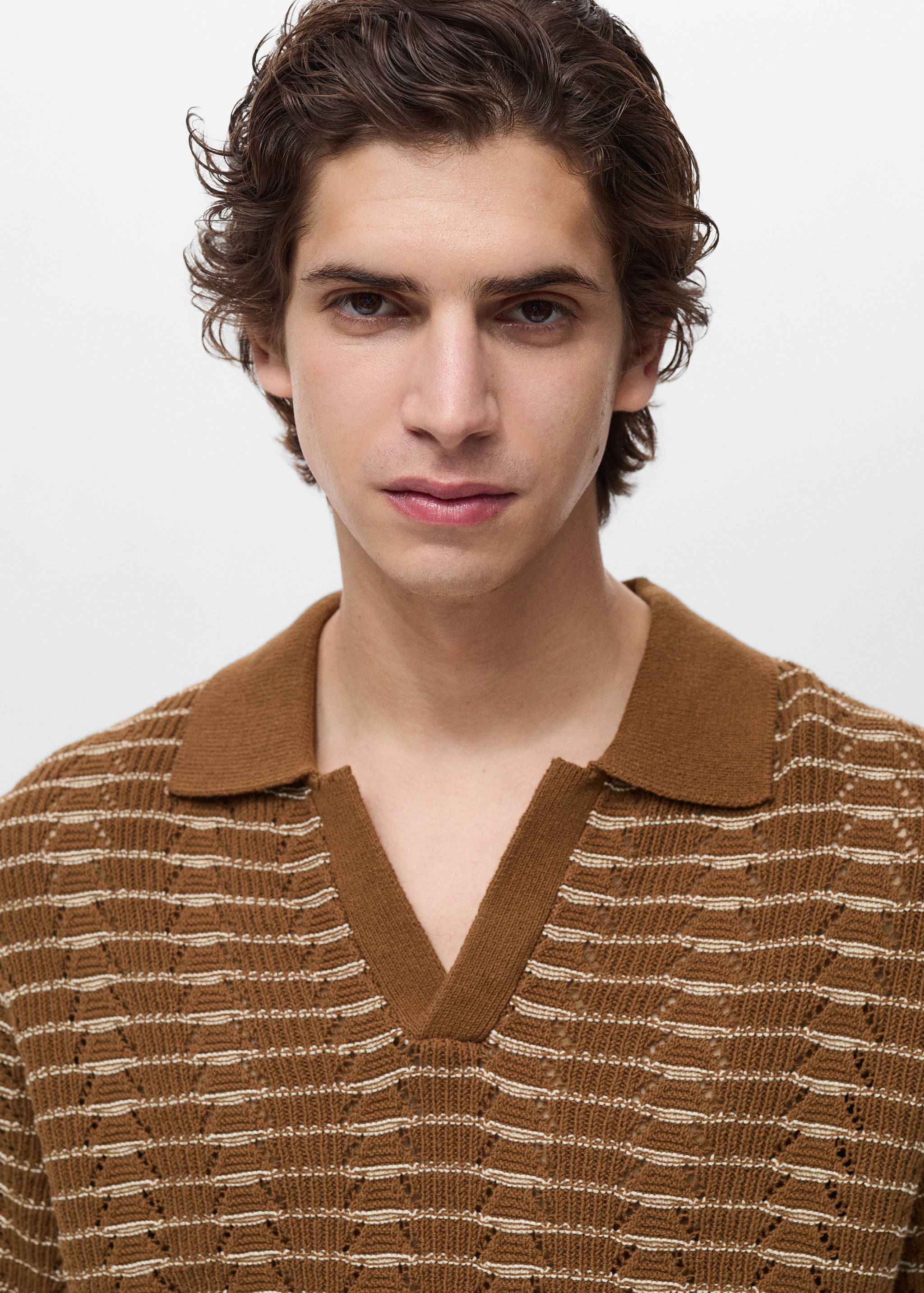 Striped openwork knitte polo shirt - Details of the article 1