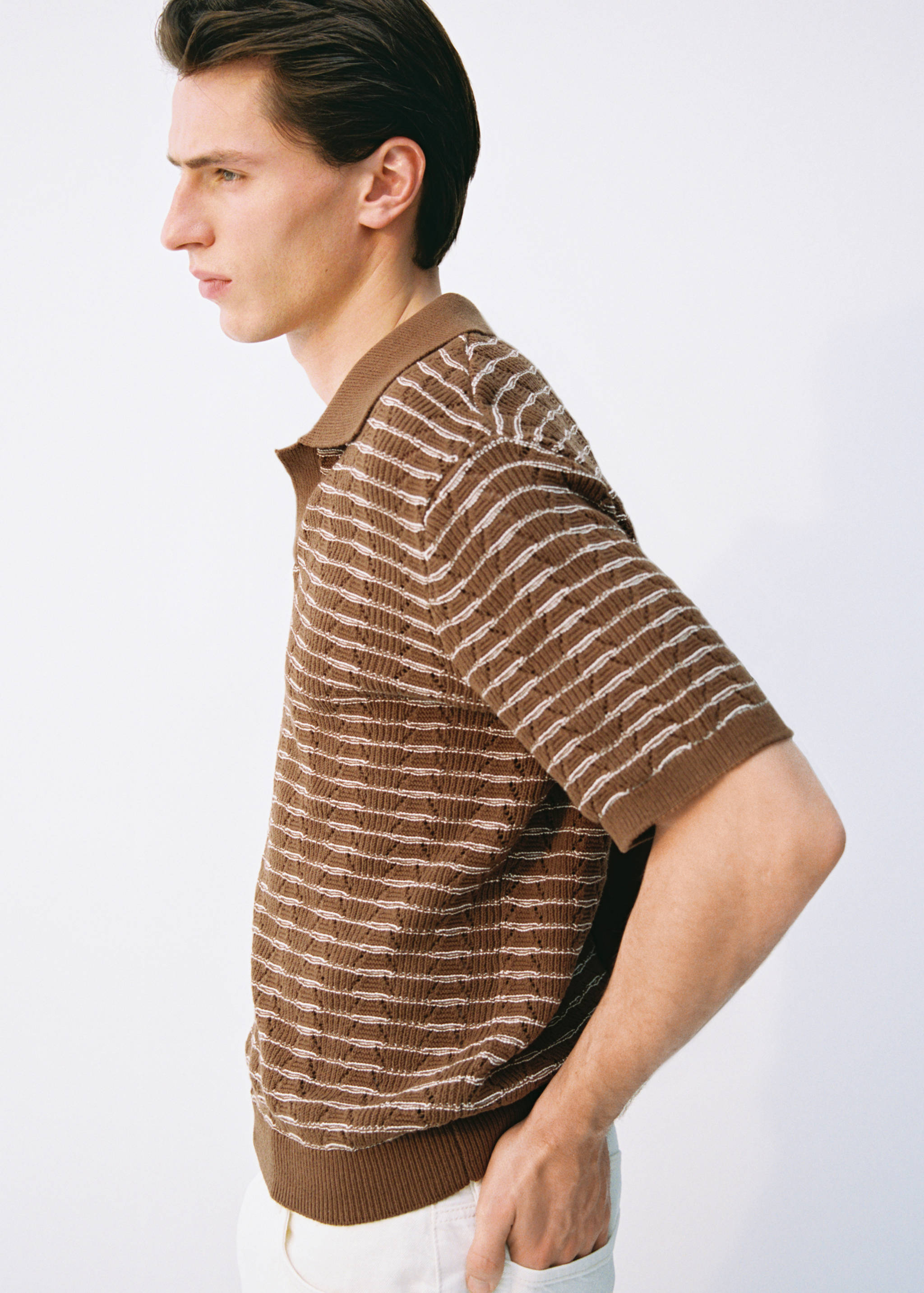 Striped openwork knitte polo shirt - Details of the article 3
