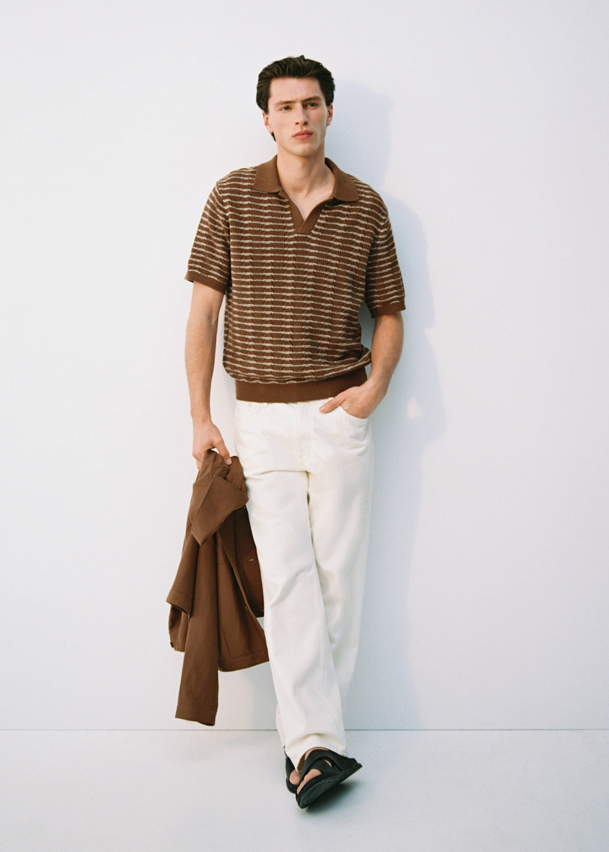 Striped openwork knitte polo shirt - Details of the article 5