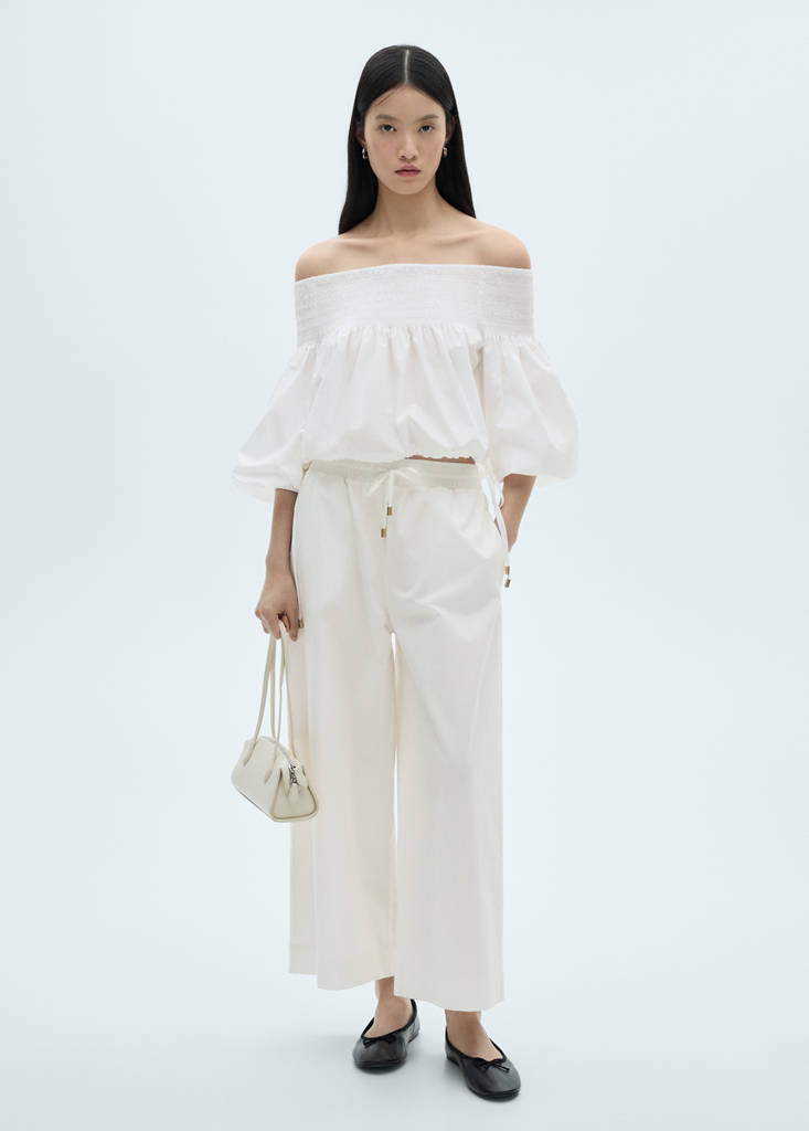 MANGO - Blouse froncée épaules dénudées blanc - L