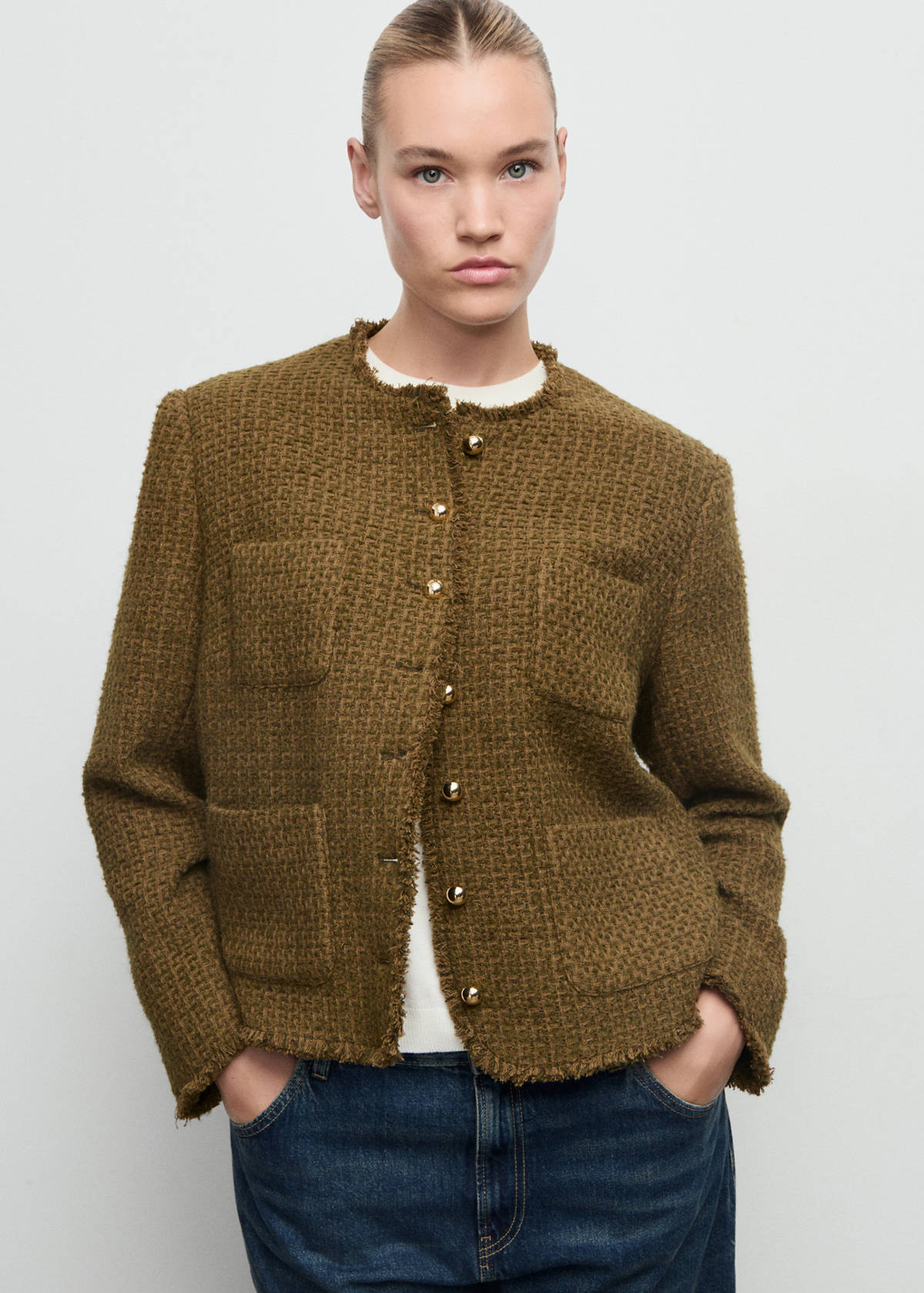 Tweed jacket with jewel buttons — Khaki