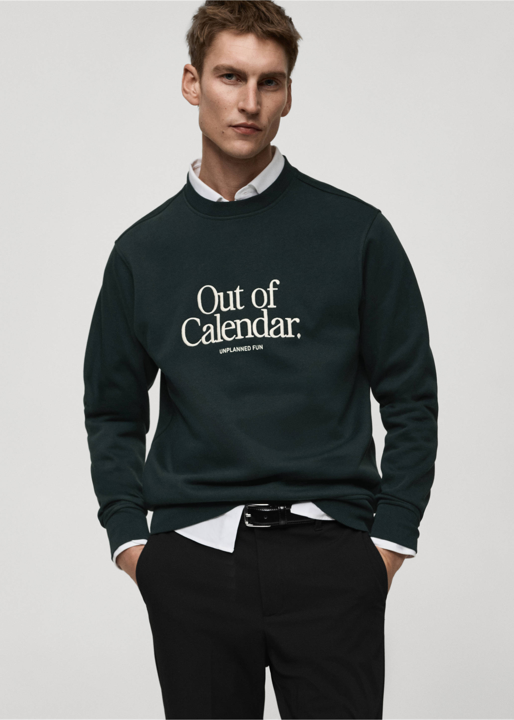 Mesaj işlemeli pamuklu sweatshirt - Orta plan, Yeşil. Ref: 87032893-00.