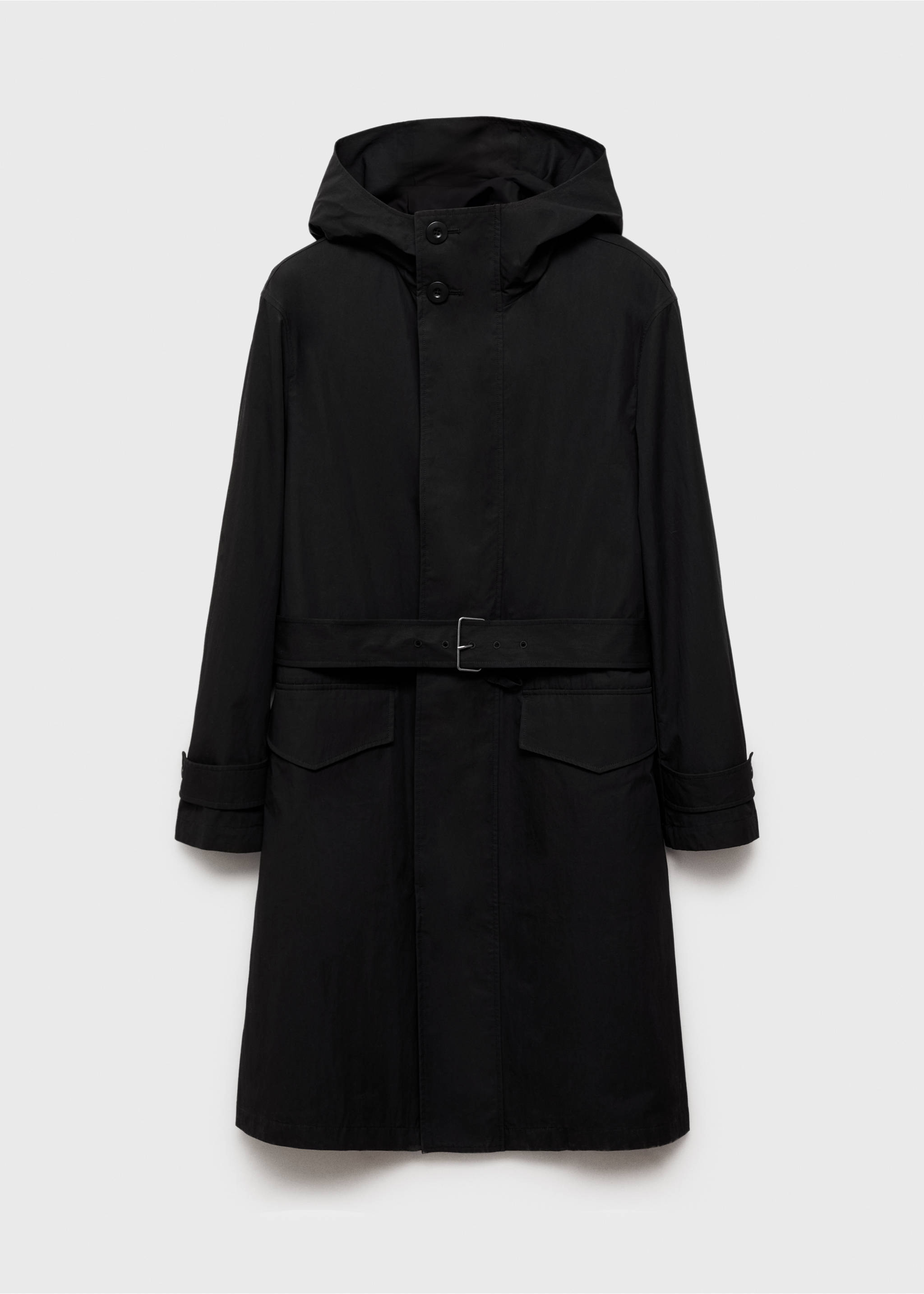 Trench coat with belt and hood - Article without model, Black. Ref: 87034392-00.