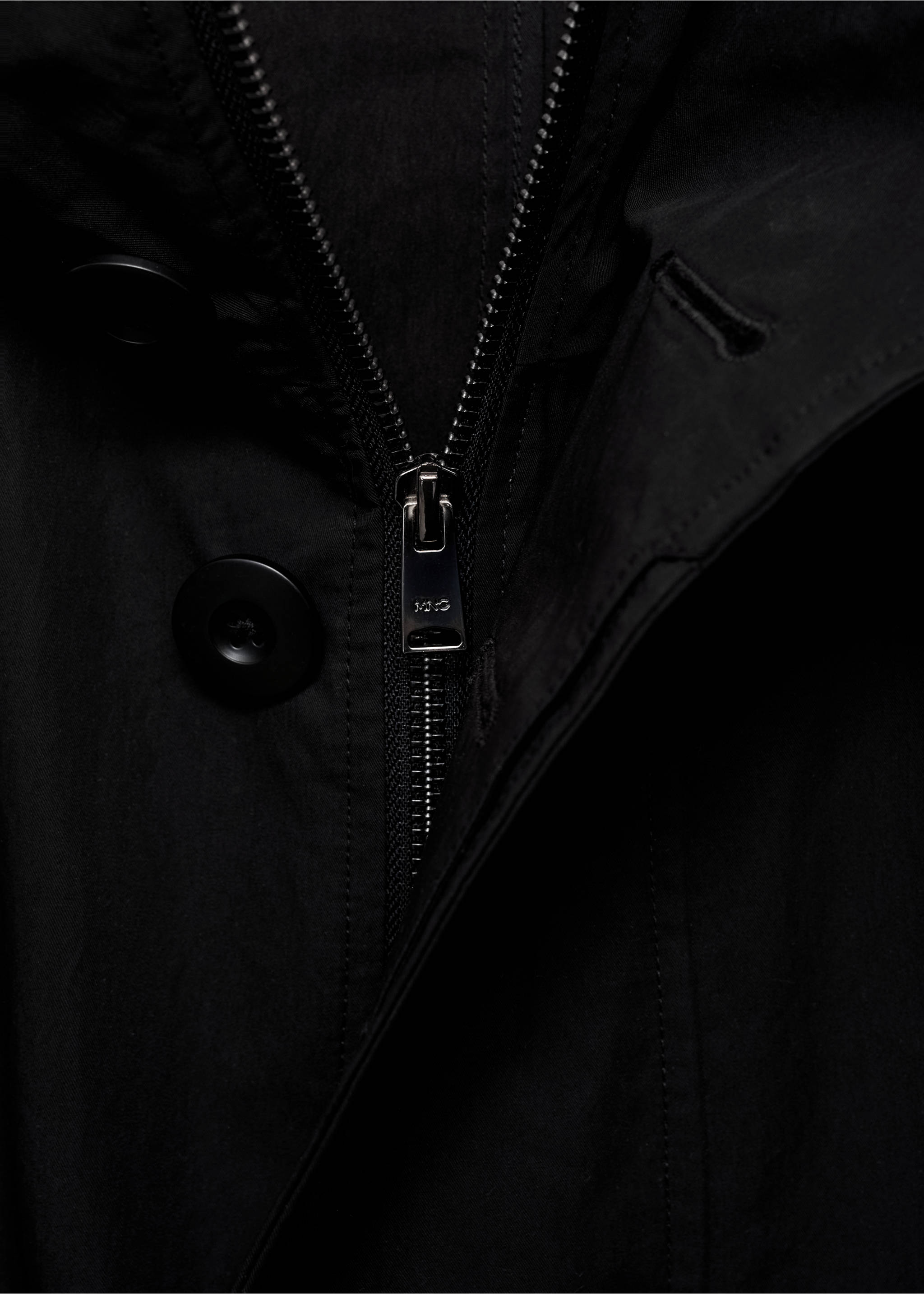 Trench coat with belt and hood - Details of the article 8, Black. Ref: 87034392-00.