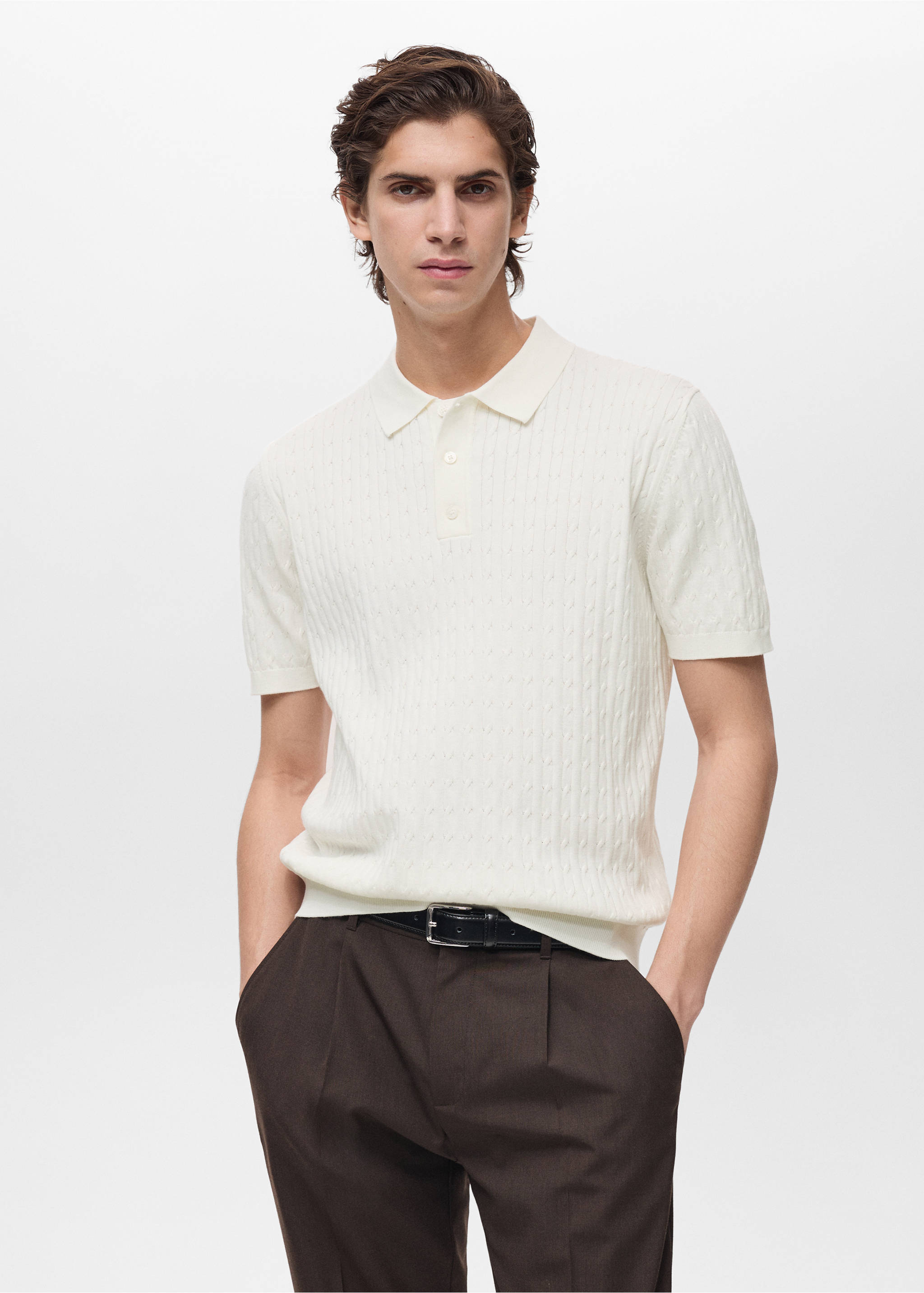 Polo maille torsadée 100 % coton - Plan moyen, Blanc cassé. Ref: 87034411-00.