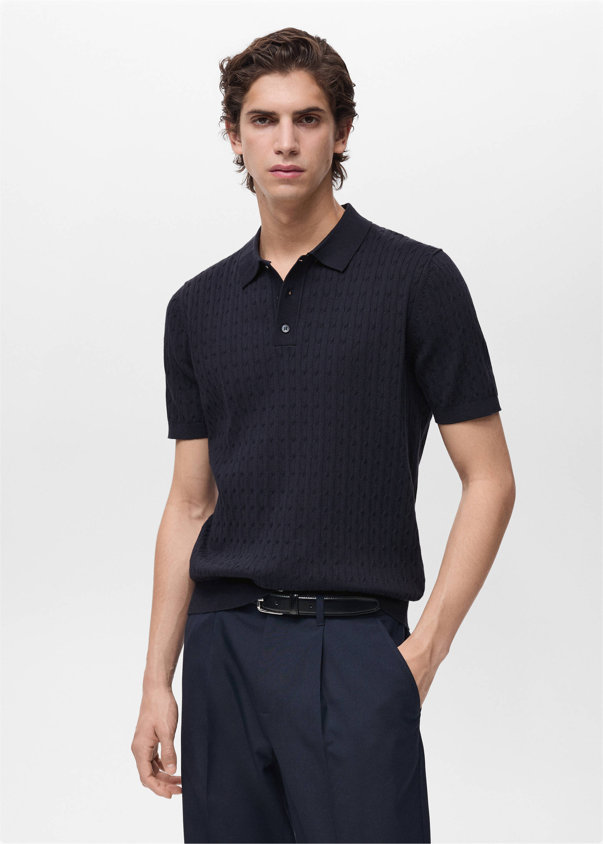 Polo maille torsadée 100 % coton - Plan moyen, Bleu nuit. Ref: 87034411-00.