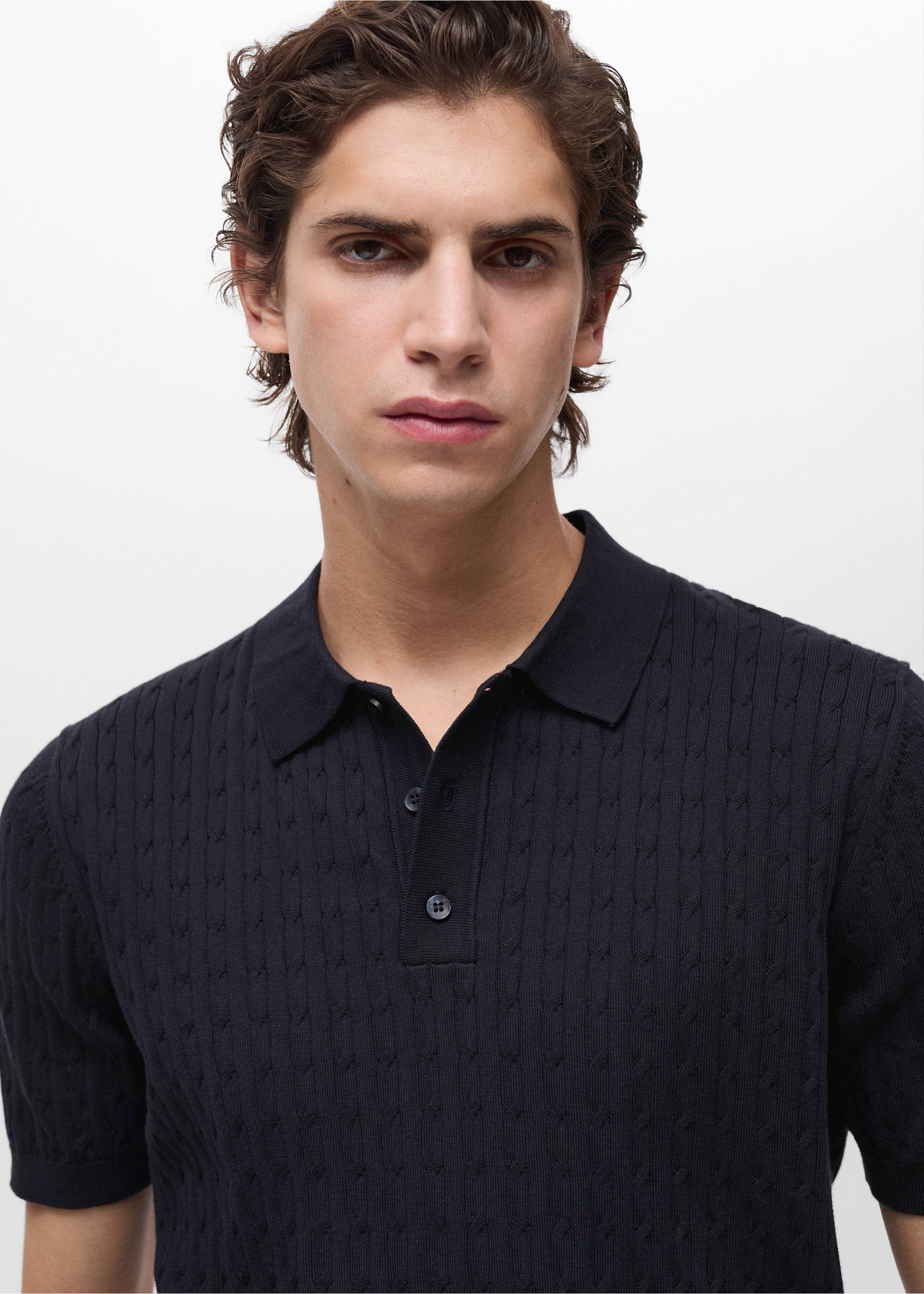Polo maille torsadée 100 % coton - Détail de l'article 1, Bleu nuit. Ref: 87034411-00.