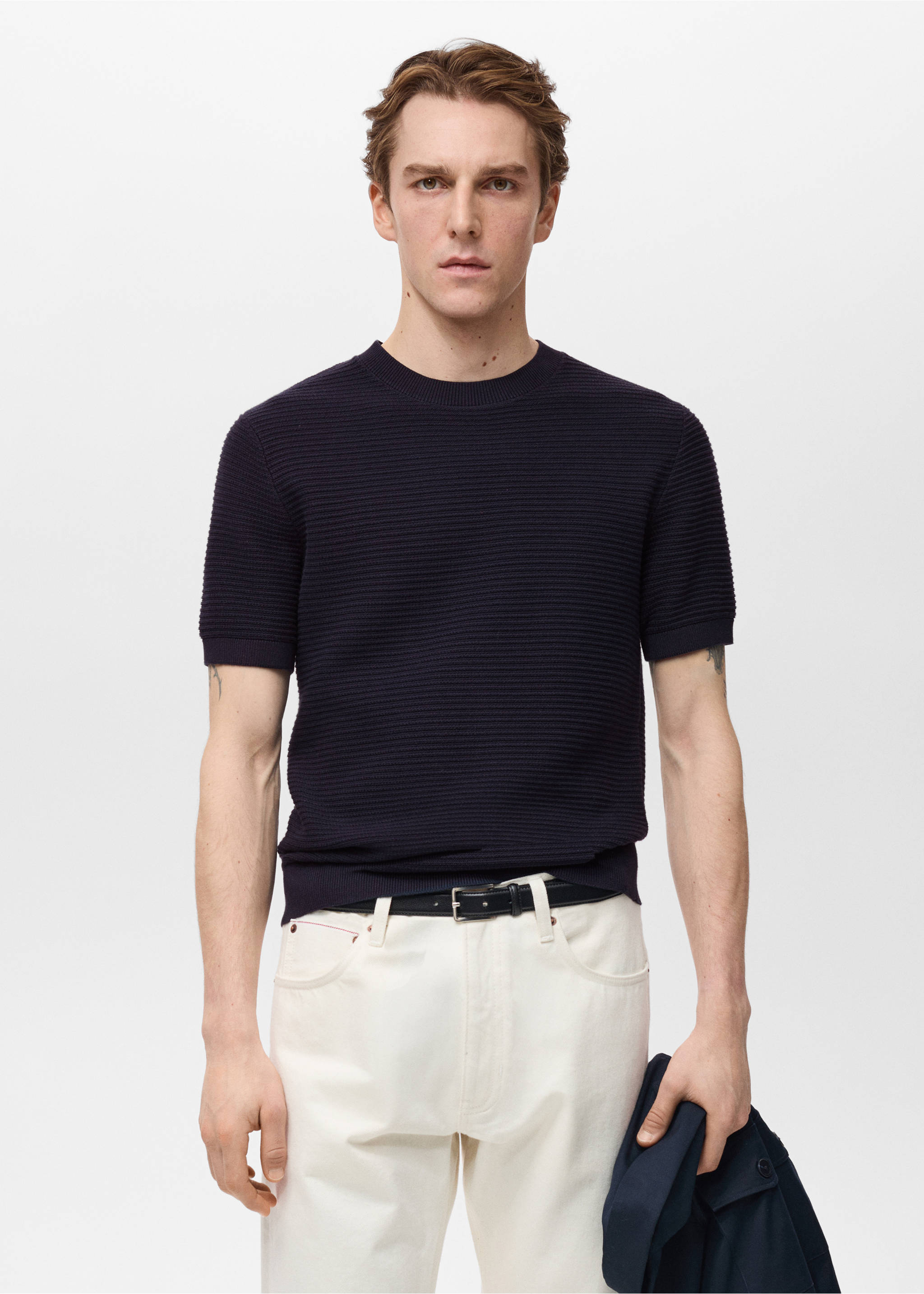 Fijngebreid, gestructureerd T-shirt - Middenvlak, Nachtblauw. Ref: 87034412-00.