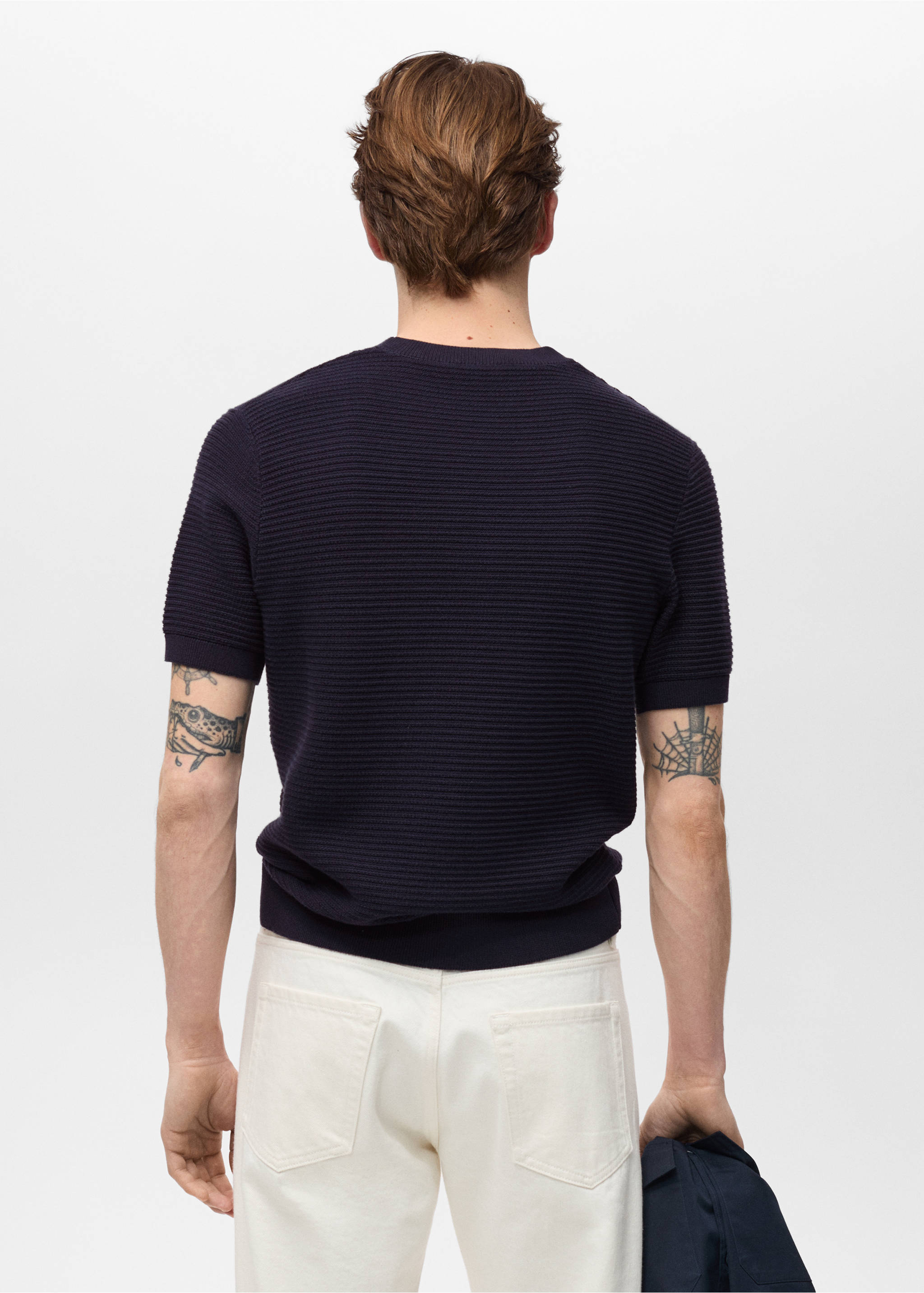 Fijngebreid, gestructureerd T-shirt - Achterkant van het artikel, Nachtblauw. Ref: 87034412-00.
