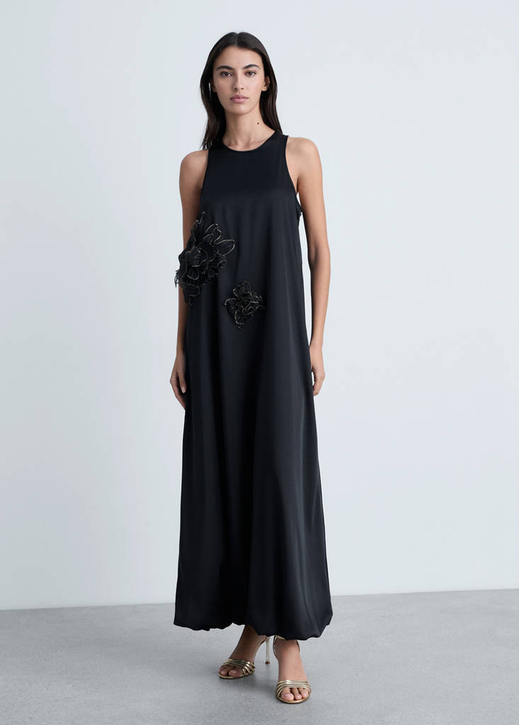 MANGO - Robe satinée maxi-fleur noir - XS