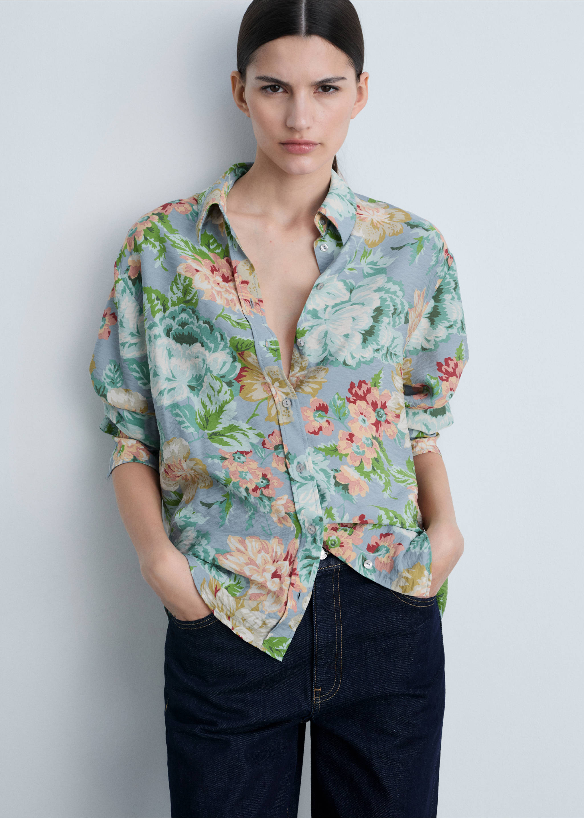 Blue floral print shirt with a classic collar and long sleeves., Sky Blue. Ref: 87034813-00.