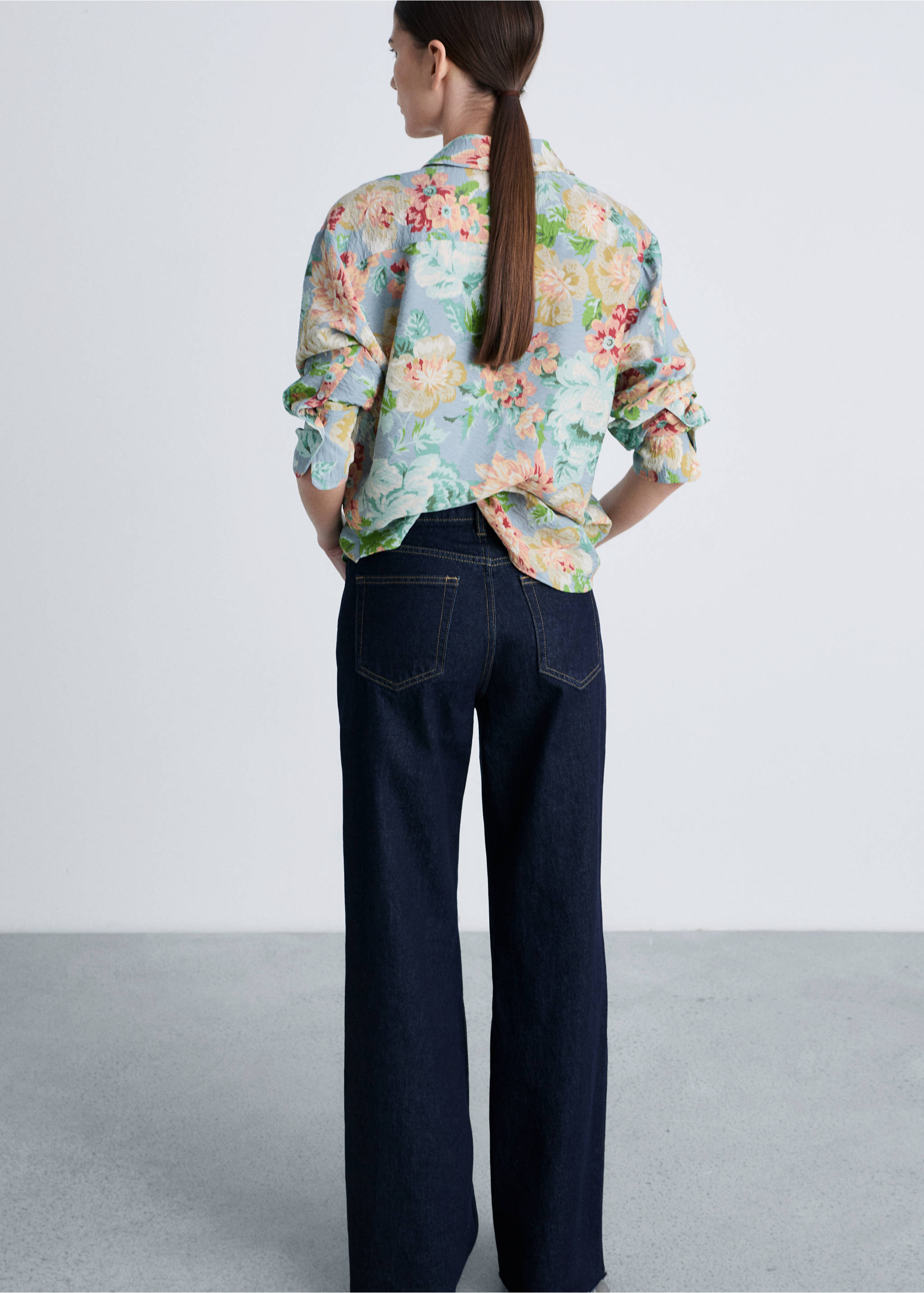 Blue floral shirt with long sleeves, shown from the back., Sky Blue. Ref: 87034813-00.