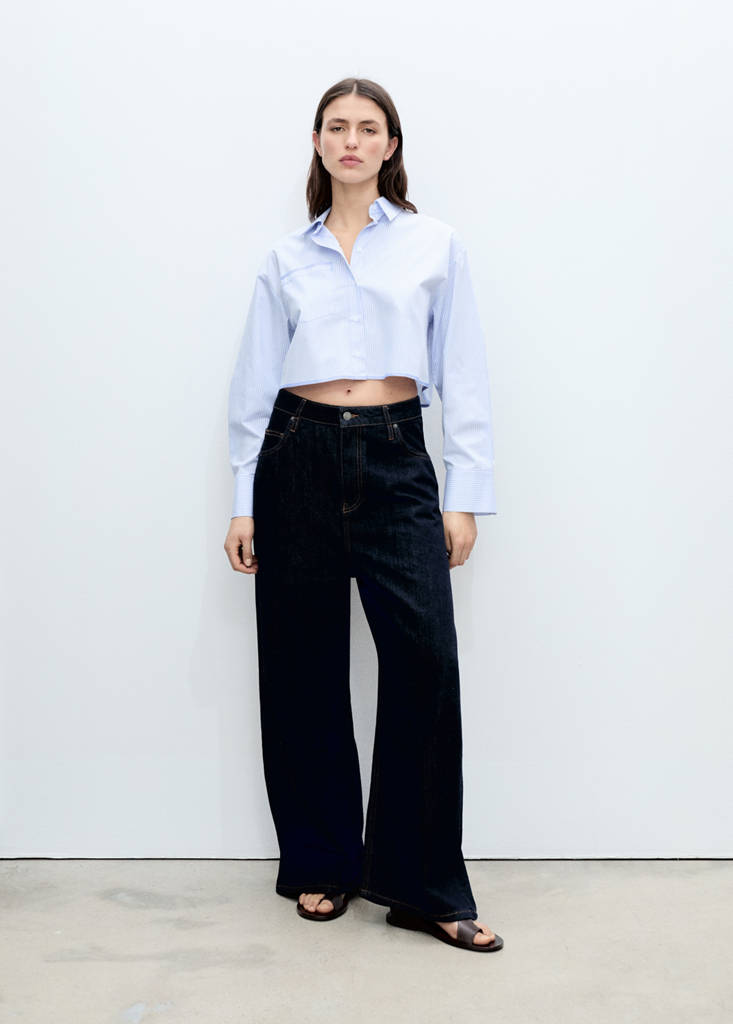 Striped cropped shirt with stitching detail — Blue