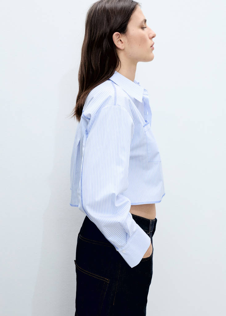 Striped cropped shirt with stitching detail — Blue