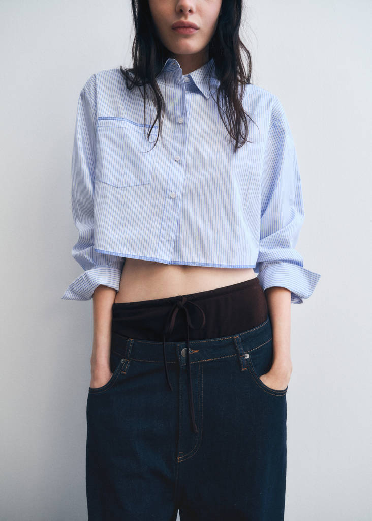 Striped cropped shirt with stitching detail — Blue
