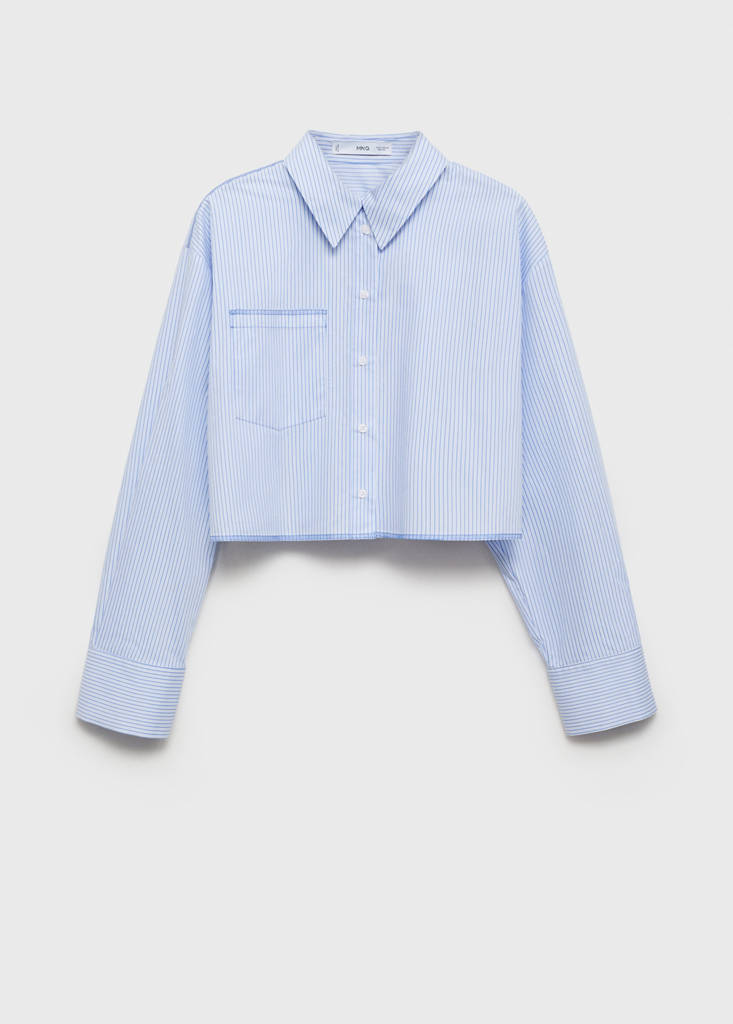 Striped cropped shirt with stitching detail — Blue