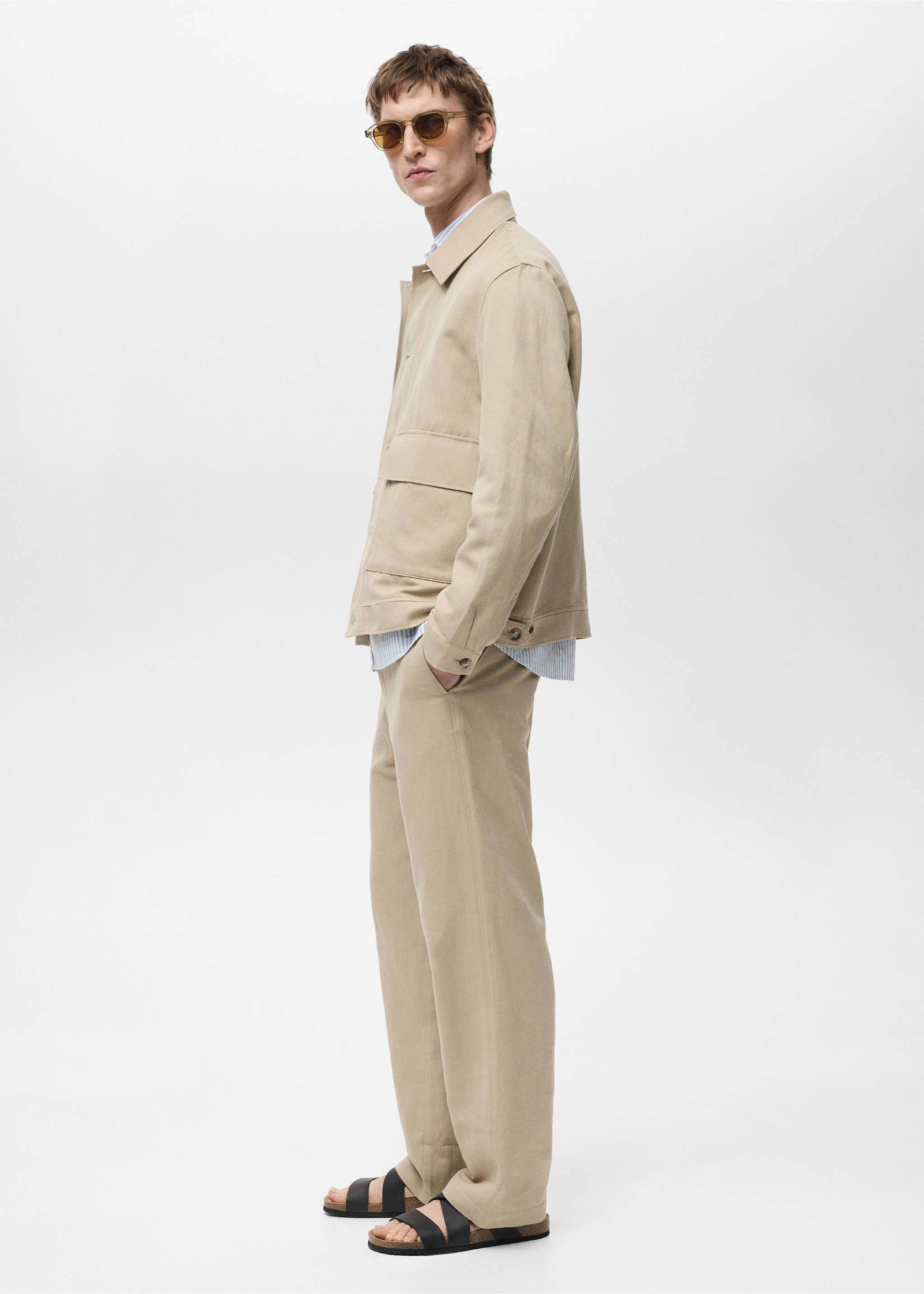 Linen-blend regular-fit pants - Details of the article 2, Beige. Ref: 87035917-00.