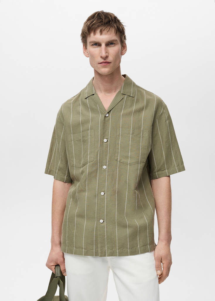 Linen bowling shirt with pinstripes — Green