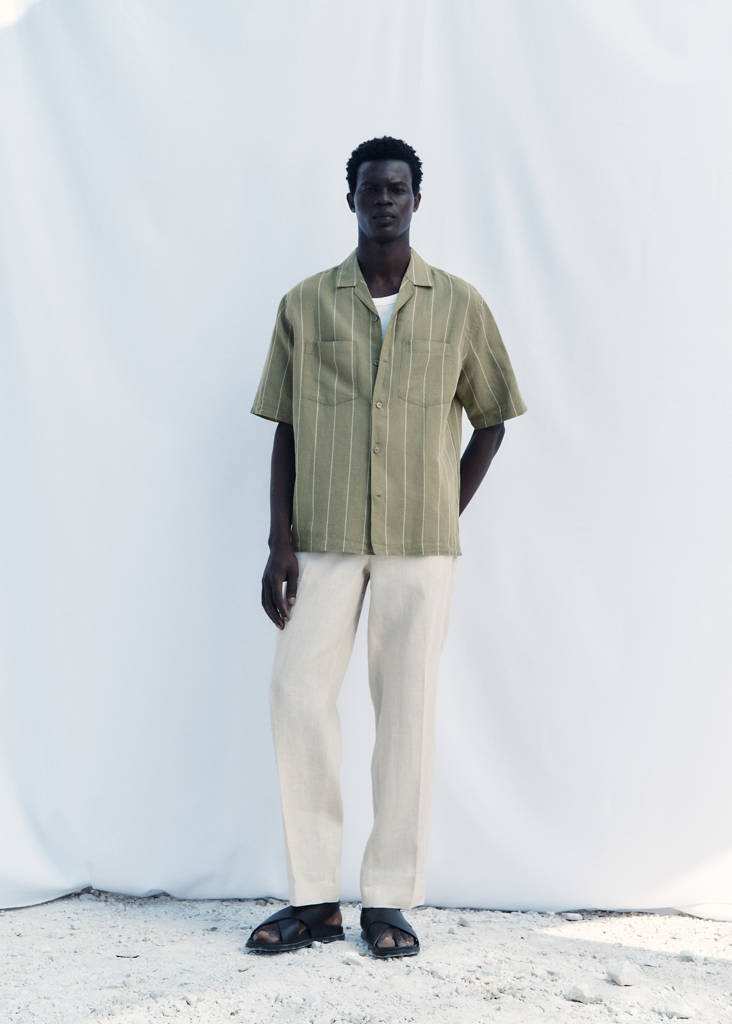 Linen bowling shirt with pinstripes — Green