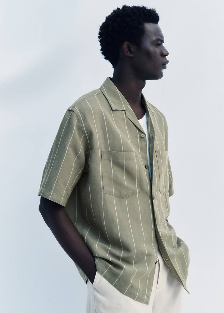 Linen bowling shirt with pinstripes — Green