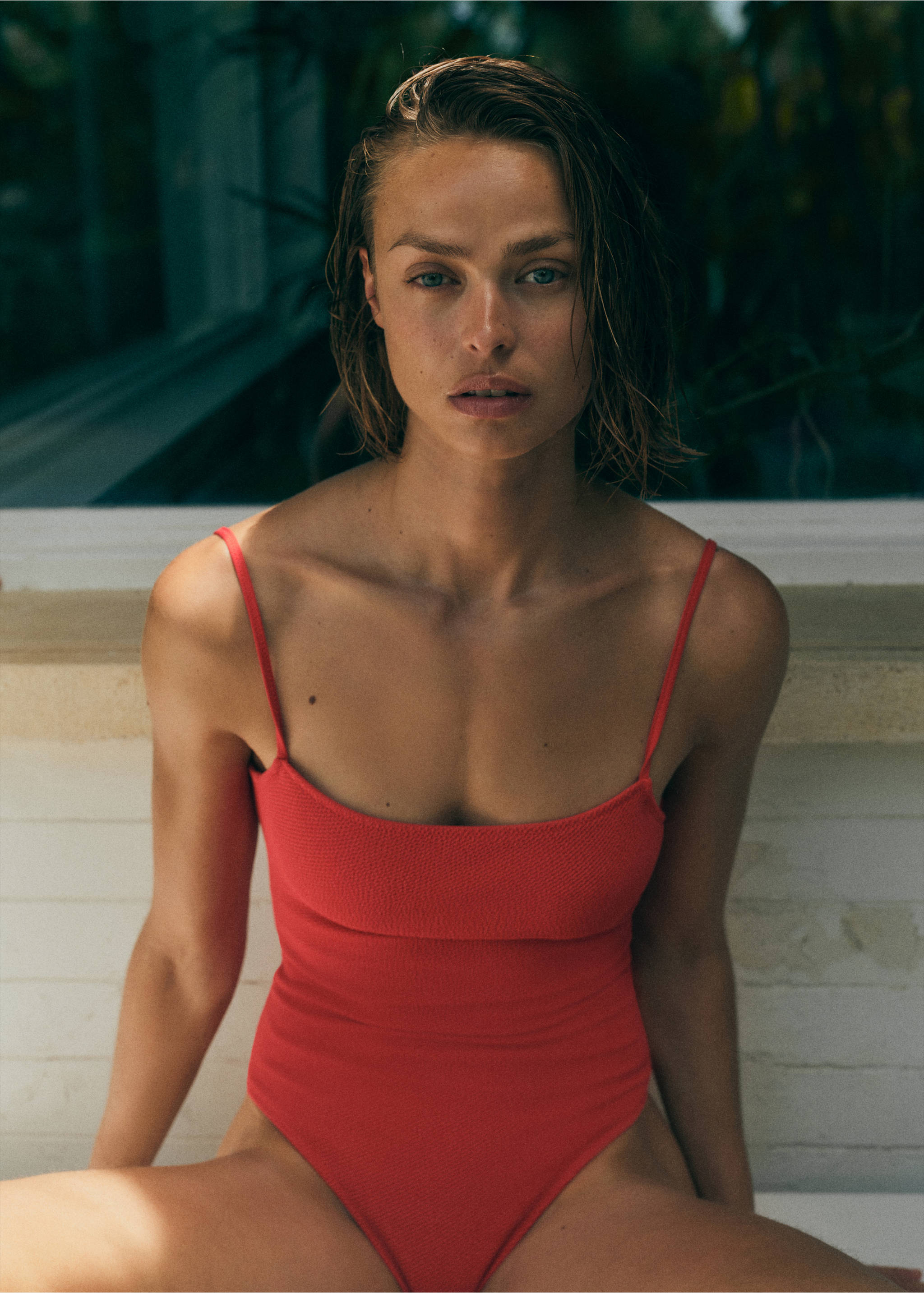 Red textured swimsuit with a square neckline and thin straps., Red. Ref: 87035956-00.